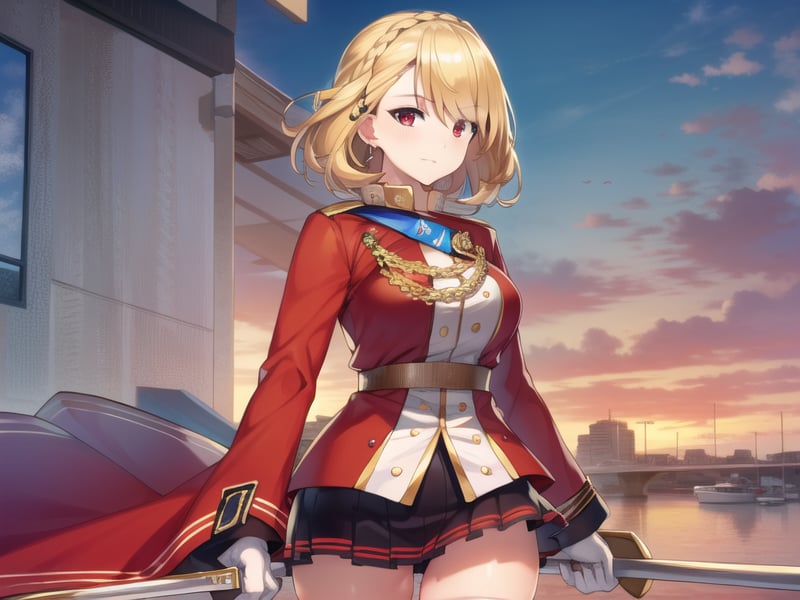 (hyper extreme detailed),(masterpeace),(hyper extreme),(photorealistic),CG,(colour:1.4), beautiful lighting,light from the front, solo,   <lora:Prince_of_Wales:1>,Prince_of_Wales,blonde hair,braided bangs,short hair,red eyes,red outfit,miniskirt,thigh_boots,