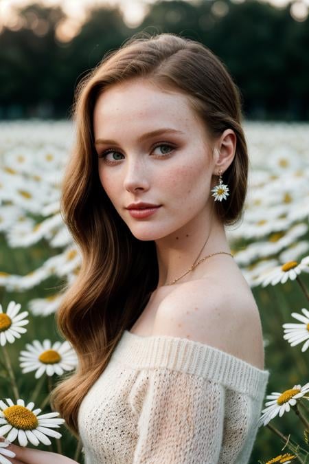 photo of fit (gh3nchy:0.99), a beautiful woman, perfect hair upsweep updo, smiling, (modern photo), (Pastel Pink off-shoulder sweater), closeup portrait, 85mm, (analog, cinematic, film grain:1.3), (A tranquil, sunlit field of wild daisies:1.2), detailed eyes, seductive pose, painted lips, (epicPhoto), (looking at viewer:1.1), earrings, (cinematic shot:1.3), (natural lighting, lit from above)