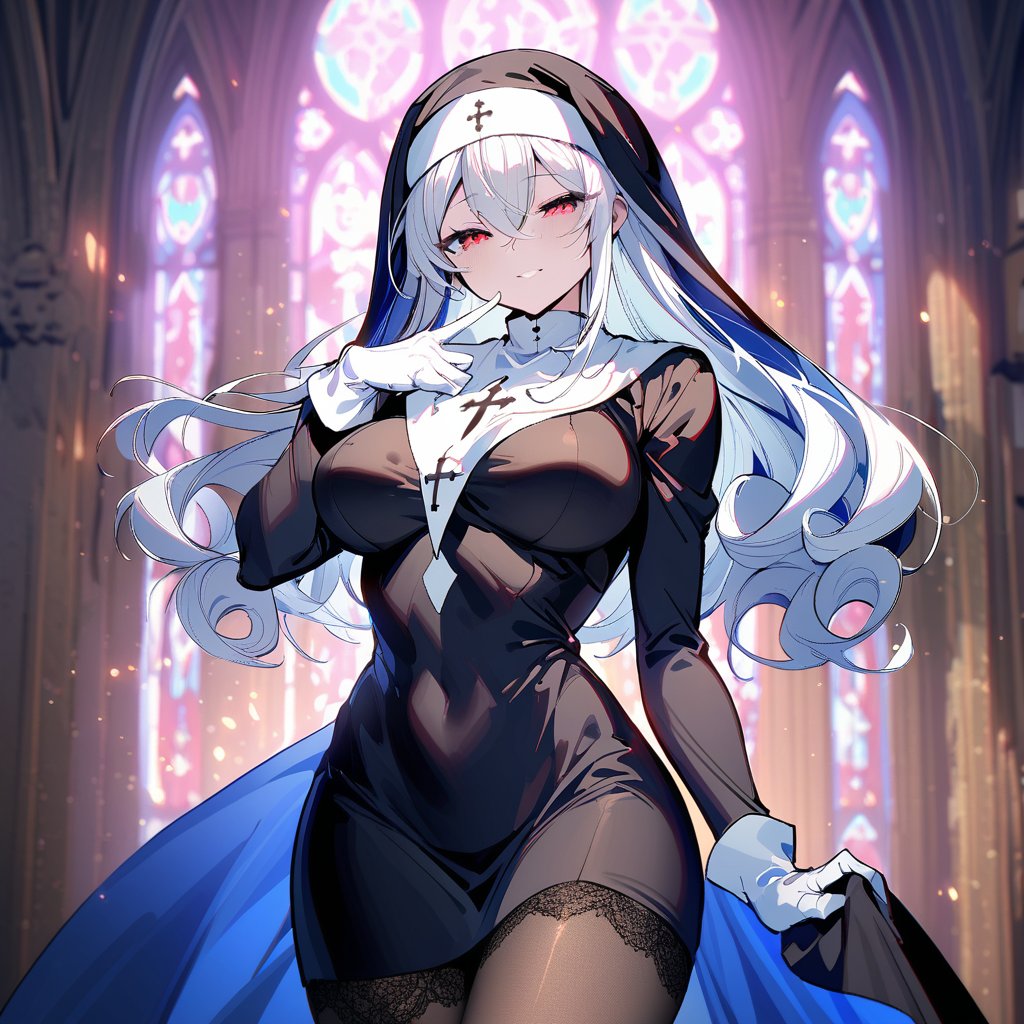 Noyu,depth of field,gothic architecture,church,stained glass,sunlight,1girl,solo,red eyes,white hair,long hair,curly hair,hair between eyes,large breasts,nun,short dress,long sleeves,white gloves,black pantyhose,lace trim,cowboy shot,seductive smile,half-closed eyes,looking at viewer,finger to mouth,hand on own chest,masterpiece,bestquality,onnk,line art,line style,