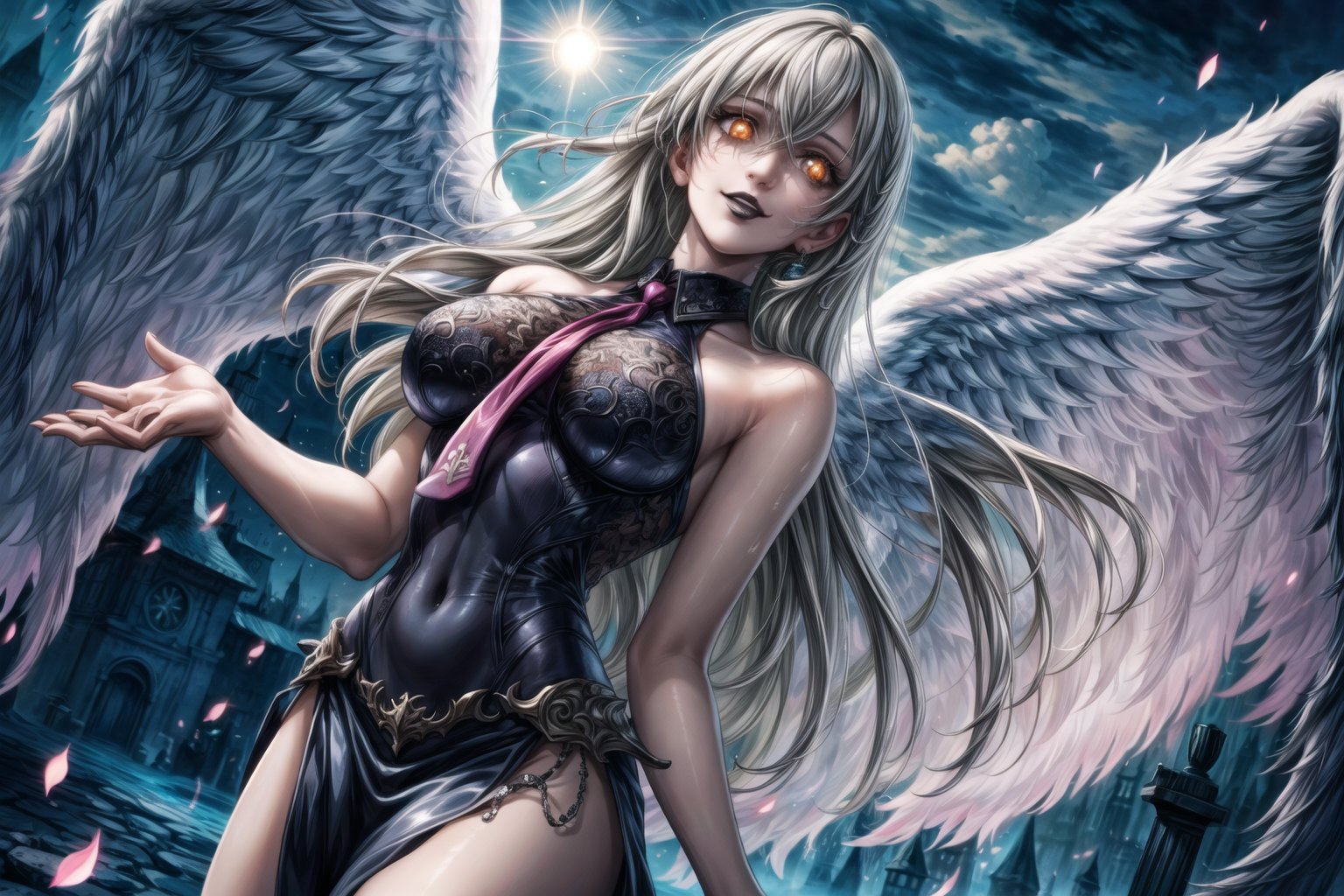 ((best quality)), ((highly detailed)), masterpiece, ((official art)), feathered wings, black lips:1.4, makeup:1.2, lipstick:1.2, (lips), posing1.4, (arms outstretched:1.3), (dutch angle), (  seductive smile, smile)  ,elizabeth, bangs, long hair,((glowing eyes, +_+, symbol-shaped pupils)), white hair, long hair, seductive smile, outdoor, sceney, , bare shoulders, outdoors, wings, white shirt, necktie, sleeveless, white dress, sleeveless shirt, angel wings, white wings, angel,medium breasts, blye sky, sky,, ((sun,sunseat)), (((day))), girl, outdoors, intricately detailed, hyperdetailed, blurry background, depth of field, best quality, masterpiece, intricate details, tonemapping, sharp focus, hyper detailed, trending on Artstation, 1 girl, high res, official art,fantasy00d,black lips<lora:EMS-179-EMS:0.600000>, <lora:EMS-80475-EMS:0.800000>, <lora:EMS-67880-EMS:0.200000>, <lora:EMS-1218-EMS:0.200000>, <lora:EMS-401523-EMS:0.800000>, <lora:EMS-93-EMS:0.500000>