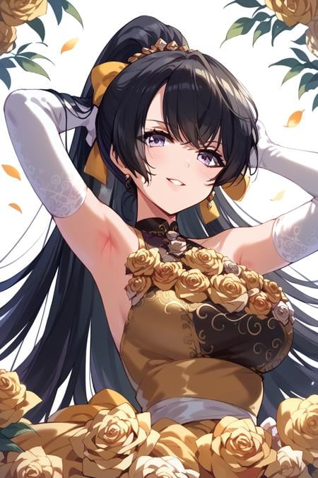 score_9, score_8_up, score_7_up, score_6_up, 1girl, <lora:Himegami_Shano:0.9> himegami, gloves, solo, elbow gloves, dress, flower, long hair, white gloves, black hair, ponytail, yellow rose, breasts, looking at viewer, armpits, bday