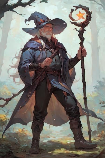 score_9, score_8_up, score_7_up, wizard, old, 1boy, old man, male focus, hat, beard, solo, staff, witch hat, facial hair, forest, nature, robe, long hair, looking at viewer, tree, holding, white hair, outdoors, holding staff, boots <lora:Concept Art Style SDXL_LoRA_Pony Diffusion V6 XL:1>