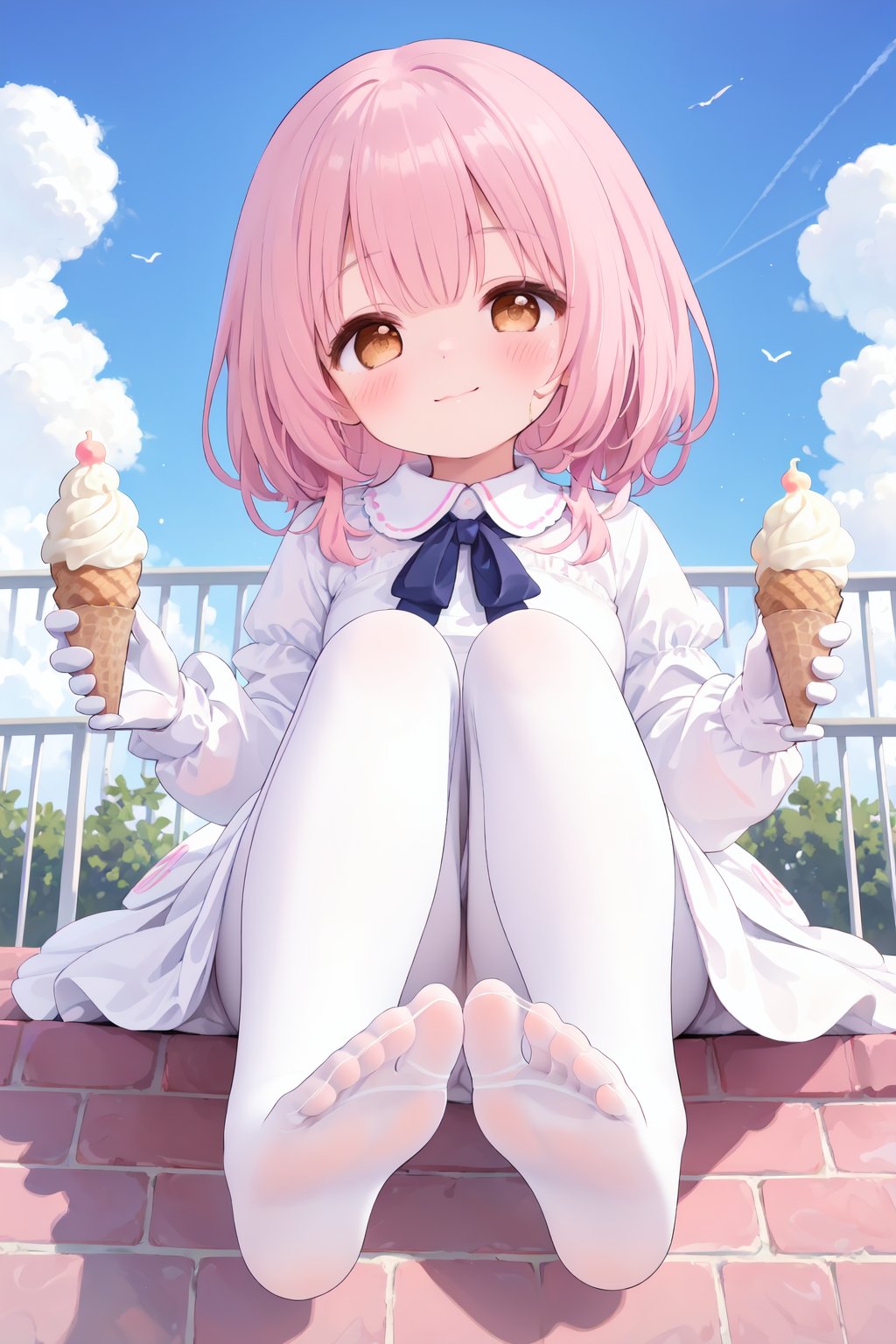 1girl,solo,no shoes,white pantyhose,soles,pink hair,food,day,sitting,looking at viewer,blush,holding,sky,holding food,bangs,closed mouth,white dress,ice cream,feet,white gloves,outdoors,blue sky,ice cream cone,cloud,long sleeves,brown eyes,smile,