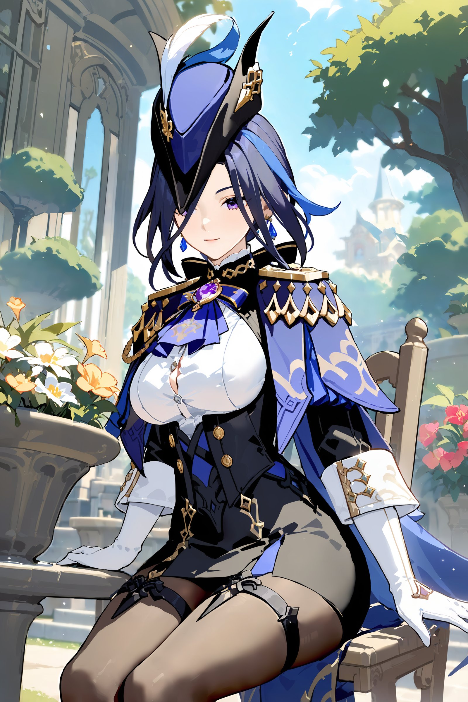 masterpiece, best quality, perfect features, intricate details, ray tracing, newest,(hitenkei, askzy:0.4), 1girl, clorinde \(genshin impact\), tricorne, black pantyhose, earrings, blue cape, white gloves, pencil skirt, white shirt, thigh strap, underbust, ascot, black jacket, light smile, garden, outdoors, depth of field, upper body, sitting, chair, flower, tree <lora:quality1:0:hr=1>,  <lora:Char-Genshin-Clorinde-XL-V1:0.9>