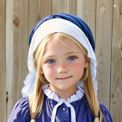 A 9-year-old Amish girl with blond long hair wearing a bonnet and plain, simple clothing.  <lora:Amish-Children:0.85>