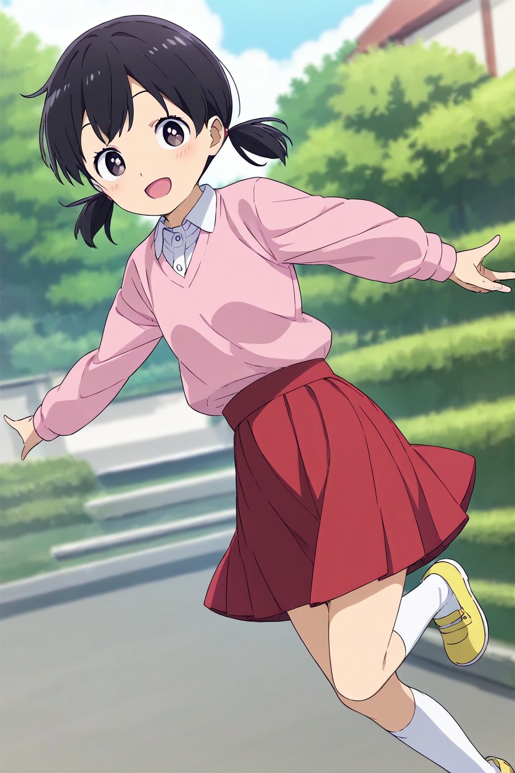 score_9, score_8_up, score_7_up, score_6_up, score_5_up, score_4_up, source_anime,minamoto shizuka,1girl, solo, skirt, outdoors, black hair, socks, white socks, twintails, red skirt, shoes, smile, shirt, open mouth, black eyes, pink shirt, looking at viewer, short twintails, kneehighs, collared shirt, long sleeves, :d, day, bright pupils, white pupils, house, low twintails, short hair, running, yellow footwear, blush, masterpiece, perfect face, best quality, beautiful girl, cute girl, beautiful eyes, shiny eyes, anime coloring, anime screencap, absurdres, outdoors,<lora:crdloede878c73frrkt0:0.8>