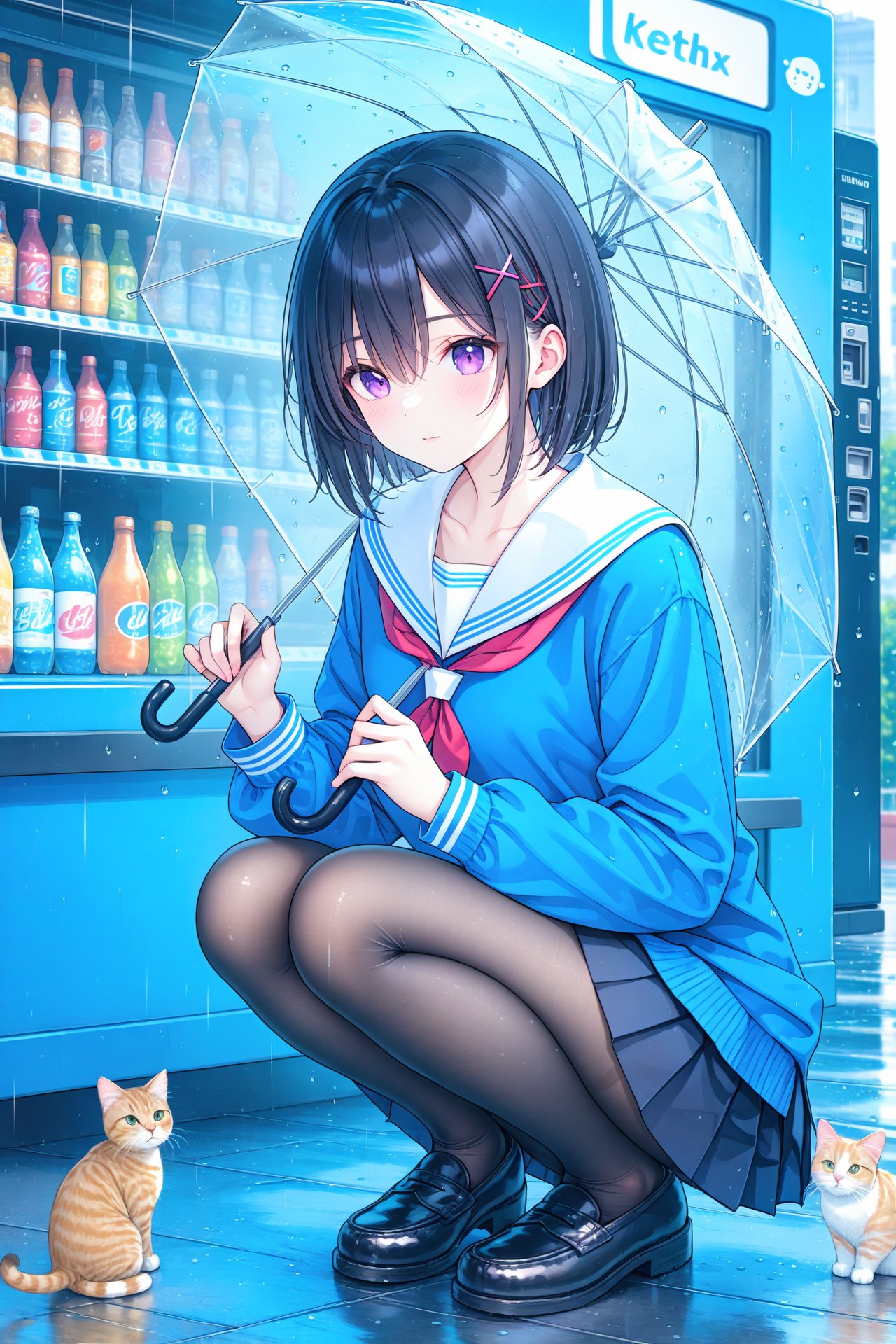 (masterpiece),(best quality),illustration,ultra detailed,hdr,Depth of field,(colorful),1girl,transparent,school uniform,rain,umbrella,cat,hair ornament,pantyhose,squatting,skirt,transparent umbrella,serafuku,holding,short hair,solo,purple eyes,black footwear,white sailor collar,outdoors,loafers,shoes,hairclip,sailor collar,x hair ornament,long sleeves,neckerchief,black hair,pleated skirt,bangs,holding umbrella,blue shirt,animal,shirt,blue serafuku,closed mouth,hair between eyes,black pantyhose,vending machine,blue skirt,black skirt,