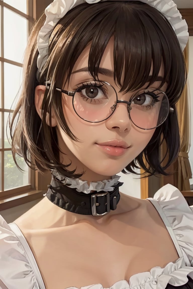 looking at viewer, (portrait, close up:1.2), parted lips,lexupdog, 1girl, lips, short black hair, blunt end bangs, brown eyes, glasses, french maid outfit, frills, collar,realistic, picturesque, indoors, daytime, maid cafe, bustling, depth of field, <lora:lexupdog_v3-04:0.8>