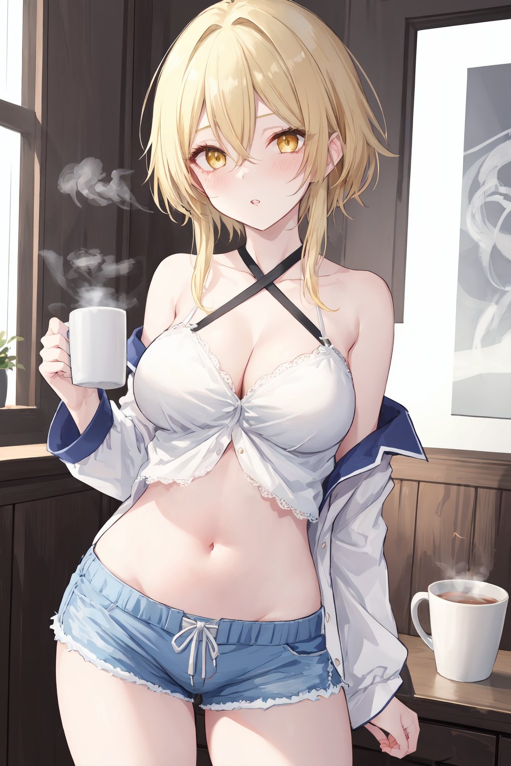 1girl, breasts, blonde hair, solo, shorts, navel, cup, holding, yellow eyes, cleavage, looking at viewer, thighs, short shorts, holding cup, long sleeves, bangs, mug, open clothes, blush, criss-cross halter, cowboy shot, short hair with long locks, large breasts, halterneck, hair between eyes, parted lips, single bare shoulder, blue shorts, stomach, white shirt, open shirt, indoors, collarbone, steam, underwear, bare shoulders, off shoulder, midriff, sidelocks, lace trim, pajamas, medium breasts, standing, po style, s6xryc3, add9evlo65x, sfd6de8tv, sd6cepo5s, sf6ce9w8hd, sd69eogd, 5wsd6gics