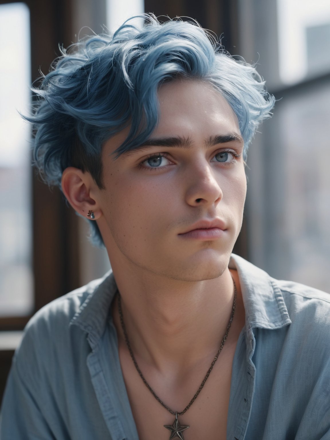 (1boy) male twink in a time machine, looking out the window, 19 years old, open shirt, blue hair, messy hair, dark blue grey eyes, star pendant, ultra highest detailed face, star tattoo, RAW photo, dreamy soft focus, detailed photo, gorgeous, shallow depth of field, bokeh, hyper detailed photorealistic life-like accurate proportional 8k sharp focus, (selective focus:0.6)