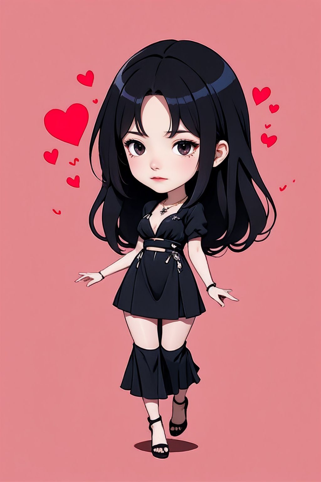 <lora:AgainChibiLora_v1:1>,1girl, solo, mole under eye, jewelry, mole, heart, black hair, necklace, dress, black eyes, black dress, black footwear, full body, breasts,