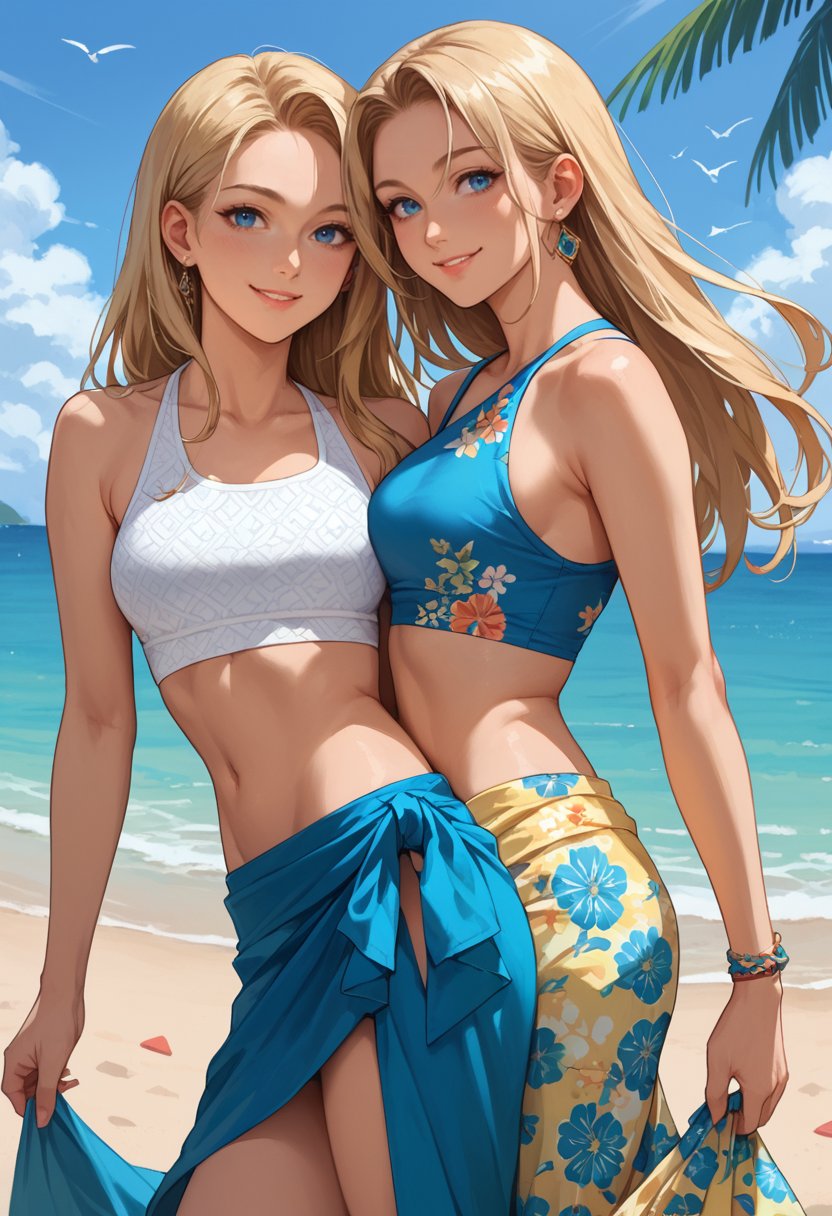 score_9, score_8_up, score_7_up, score_6_up, source_anime, 1girl, adult female, blonde hair, long hair, blue eyes, smile, beautiful face, crop top,  sarong, ethnic print, beach background