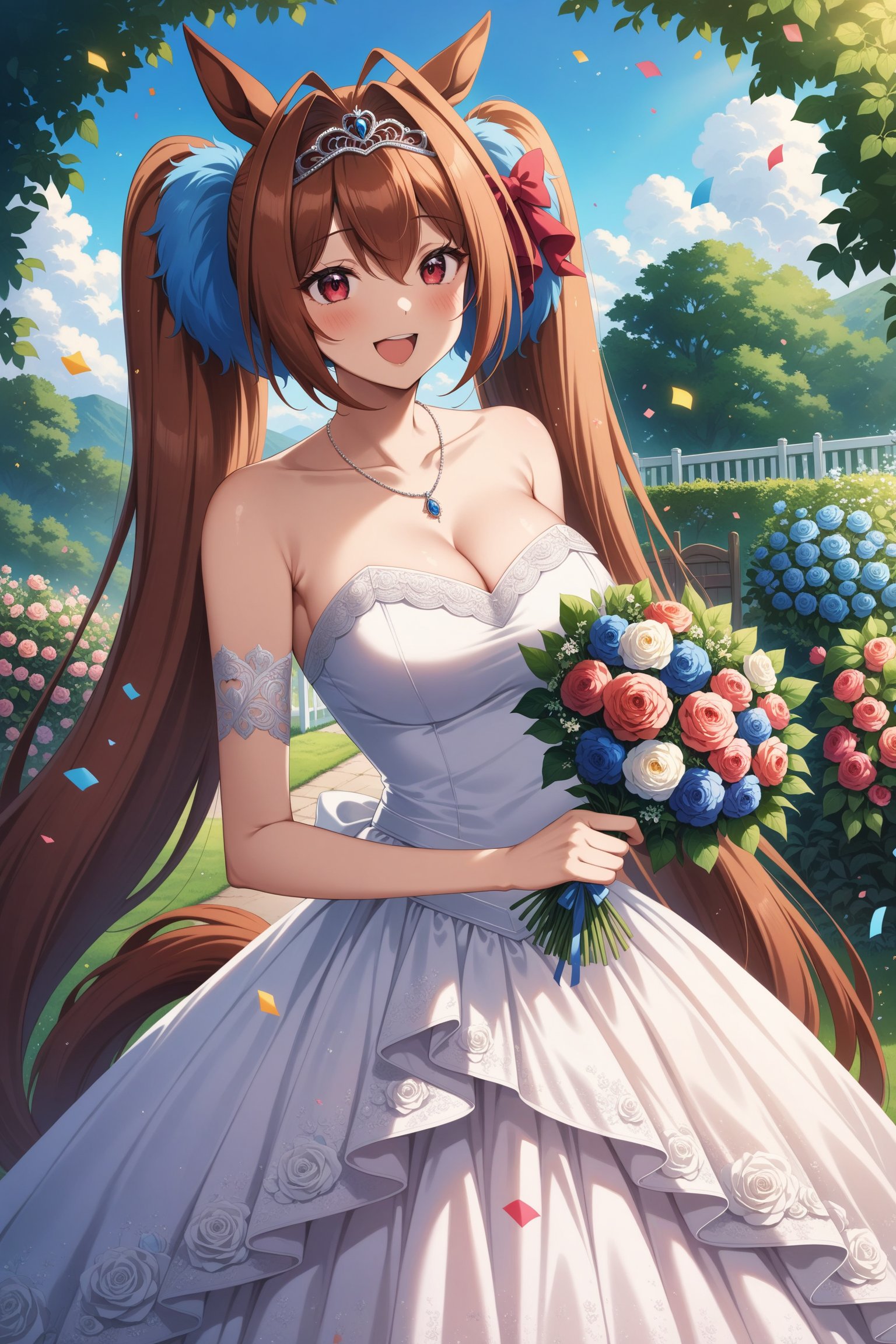 (masterpiece, best quality, very aesthetic, ultra detailed), intricate details, 4k, anime style, aadaiwa, long hair, twintails, hair bow, animal ears, tiara, horse tail, <lora:daiwa_scalet_XL_v1:0.9>, wedding dress, white dress, strapless, cleavage, necklace, smile, open mouth, happy, standing, cowboy shot, garden, confetti, holding bouquet, 