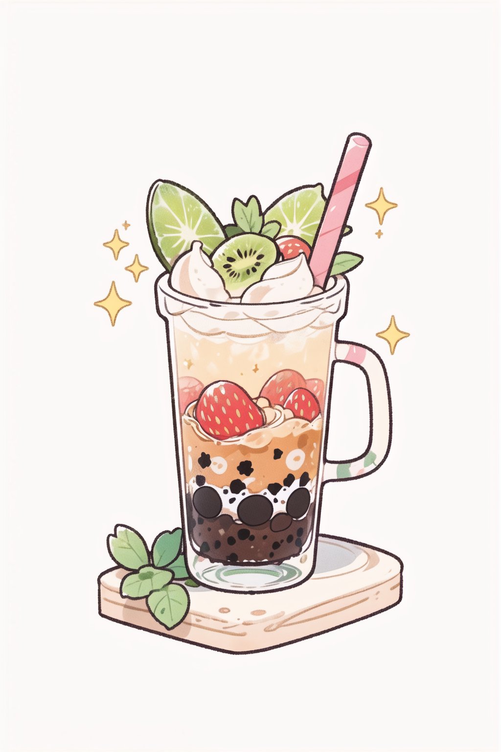 no humans,strawberry,cup,holding,cake,kiwi \(fruit\),sparkle,drinking straw,bubble tea,leaf,drink,simple background,