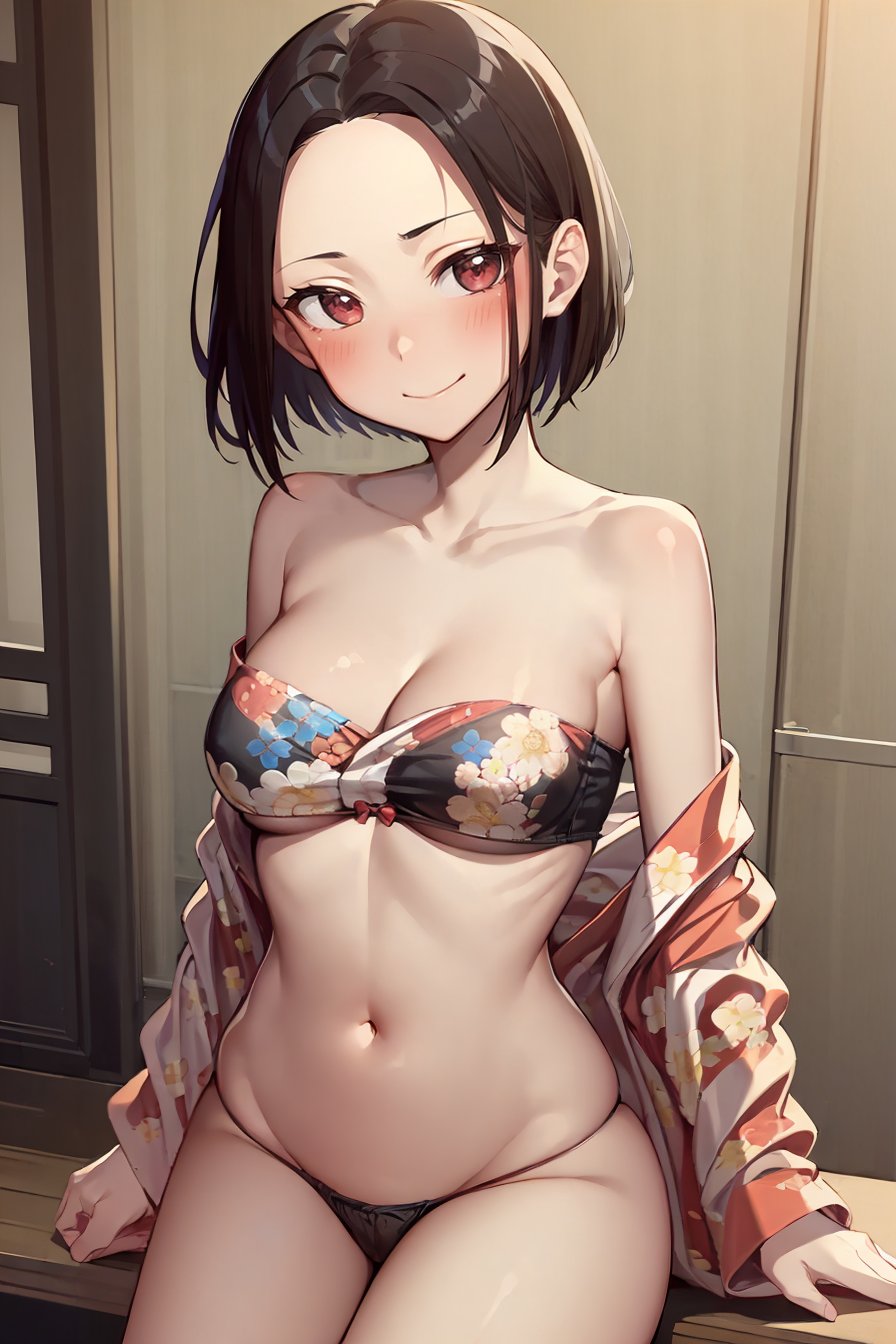 (masterpiece, best quality), 1girl, (solo), looking at viewer,smile, closed mouth, blush,<lora:AngryExGF (Stopman)-offset:0.8>, Angry-Ex-GF, red eyes, breasts, forehead,<lora:open_kimono:0.85> (nsfw), (open kimono), navel, off-shoulder, floral print, bra, thongs,