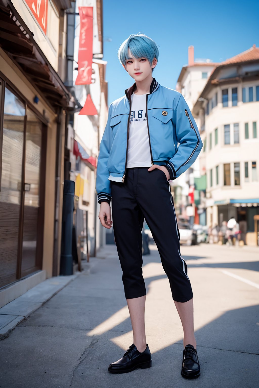 intricate details, hansome boy, Light blue hair, white skin, red eyes, sharp jawline, cropped jacket, full body, smirk, outdoors,