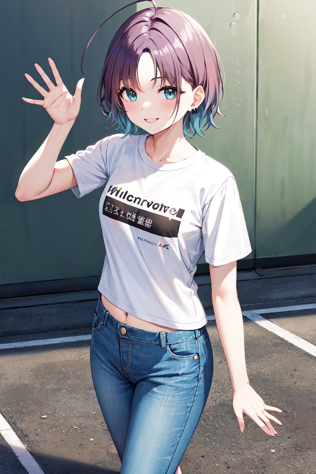 masterpiece, best quality, highres, aatoru, short hair, gradient hair, ahoge, earrings, <lora:asakura_toru_v1:0.7>, t-shirt, white shirt, midriff, jeans, street, smile, waving