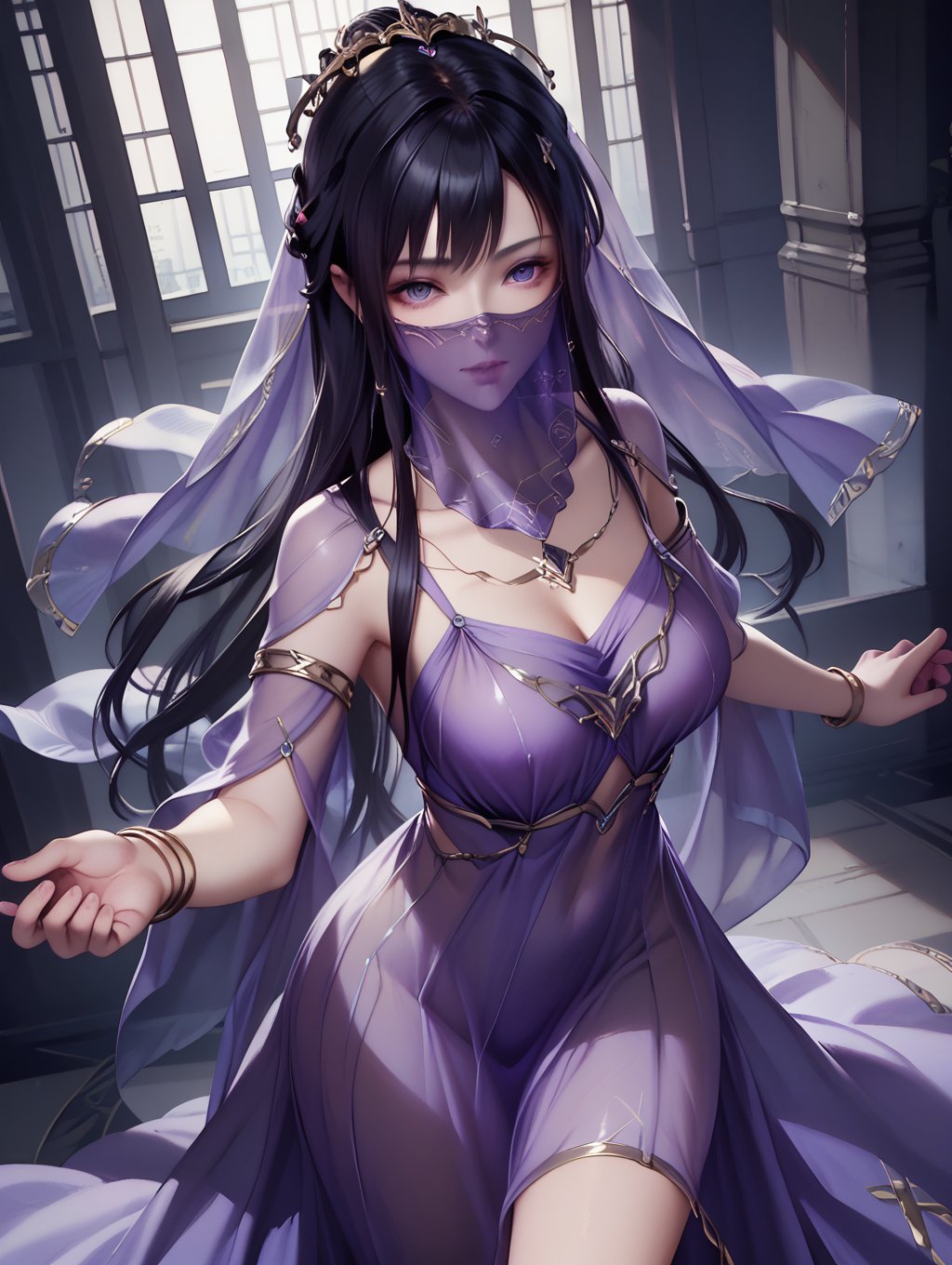 score_9, score_8_up, score_7_up, 1girl,(transparent dress:1.1),veil,solo,black hair,jewelry,mouth veil,hair ornament,long hair,bracelet,purple dress,purple eyes,dynamic angle, <lora:ziling_V1:1.0>