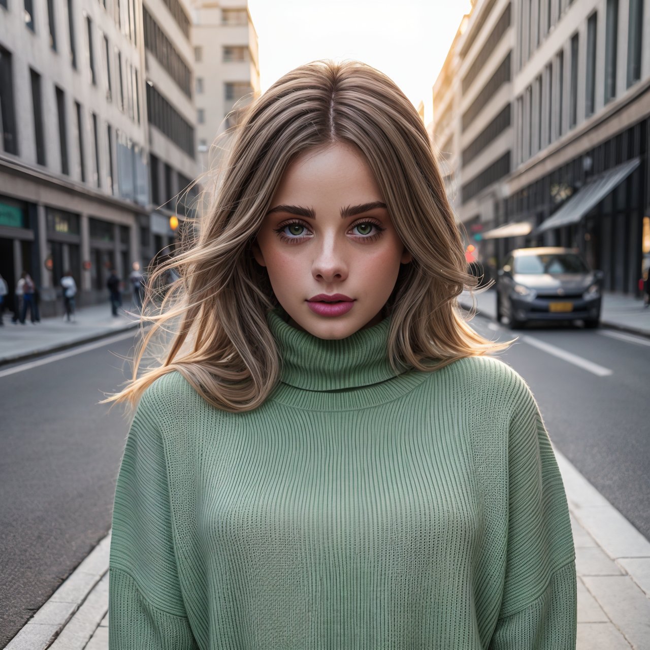 HD quality, HD, HQ, 4K view from above, close up of stunning (AIDA_LoRA_InWo2023:1.13) <lora:AIDA_LoRA_InWo2023:0.84> in (simple light green sweater:1.1), [stunning girl], skin with visible pores, naughty, funny, happy, playful, intimate, composition, kkw-ph1, (colorful:1.1), (on the street:1.1), buildings, cars, city, sunlight, outdoors 