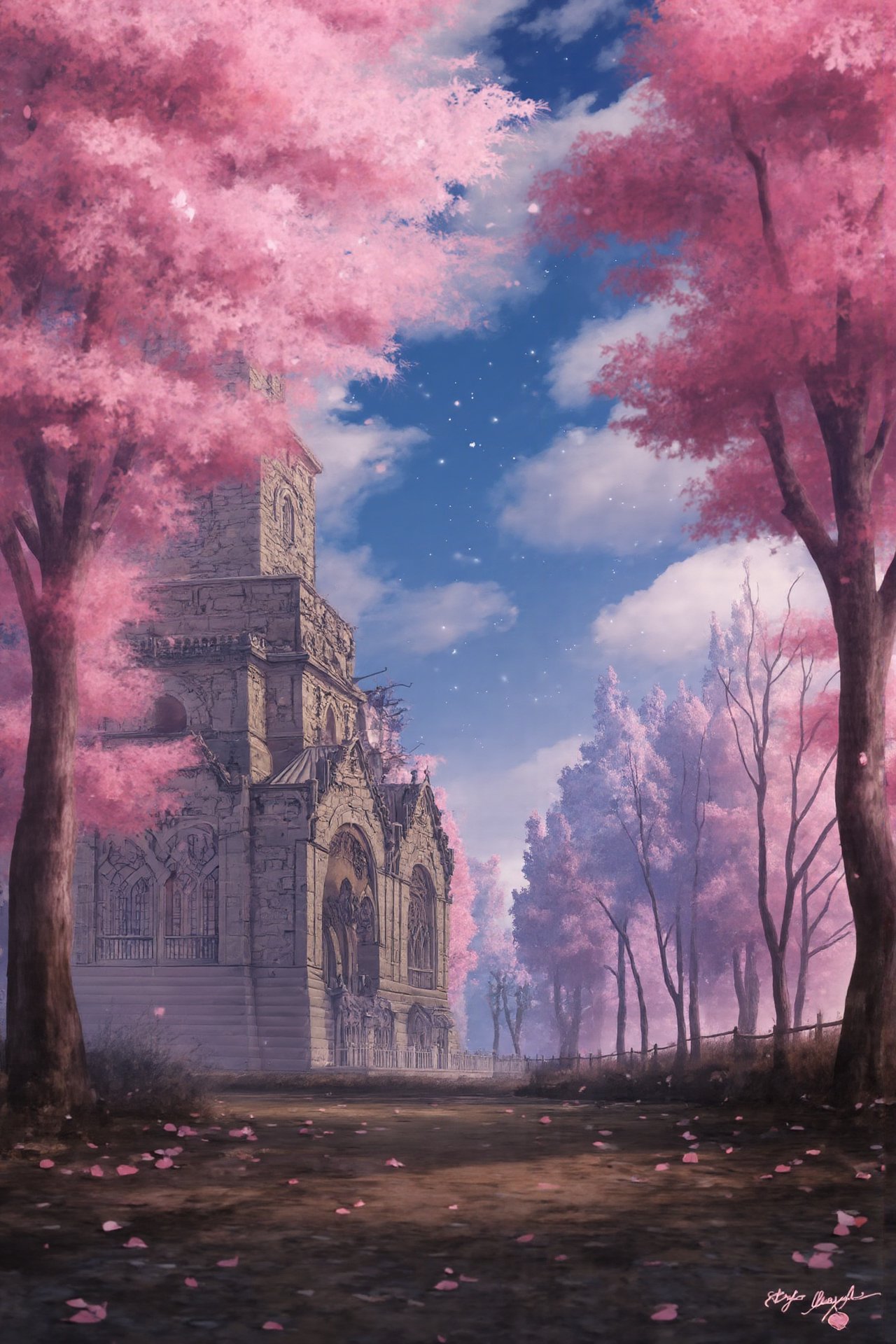 <lora:flux-shock-scenery:1>,The image is a digital illustration of a beautiful Gothic-style building with a tall tower and arched windows. The building is surrounded by trees with pink cherry blossom trees in full bloom, creating a magical and ethereal atmosphere. The sky is a deep blue, and the ground is covered in fallen leaves and twigs. The overall mood of the image is peaceful and serene, with a sense of serenity and tranquility.