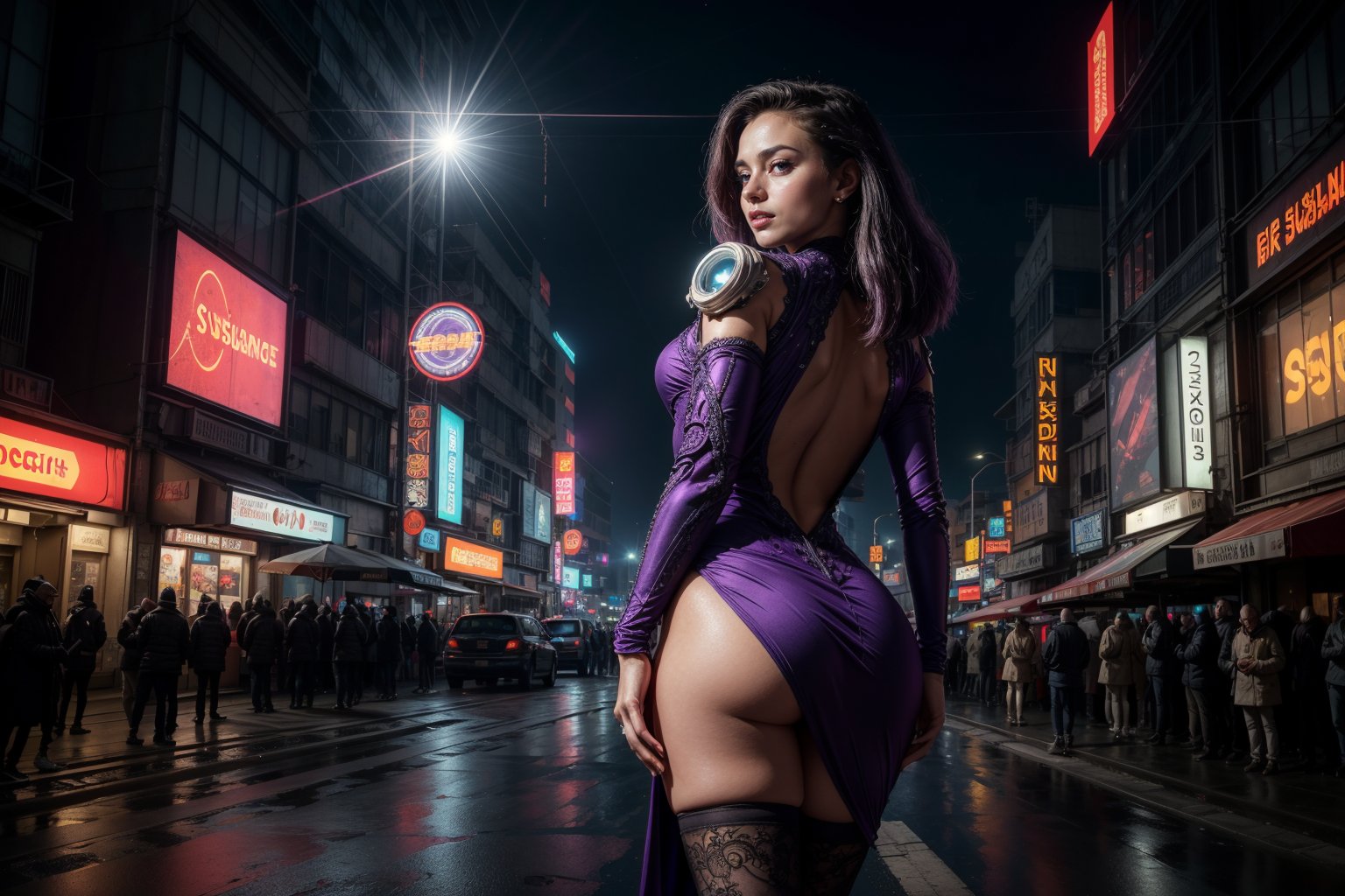 a woman in a purple dress and some men in black and purple outfits and a neon light up background, Enki Bilal, cyberpunk, cyberpunk art, (retrofuturism:1.5), 1girl, building, city, city lights, cityscape, cyberpunk, earth \(planet\), from behind, lens flare, lights, moon, neon lights, night, planet, rain, science fiction, skyscraper, space, thighhighs, underwear, (close-up shot:1.2) (asymmetrical:1.5), (alluring:1.42), (exquisitely seductive:1.34), (sublime:1.42), (fantastically epic:1.34), (masterpiece:1.45), (absurdres:1.62), (8k uhd:1.34), (4k, intricate:1.57), (realistic, photo-realistic:1.37) <lora:add_detail:1> <lora:epiCRealismHelper:1>