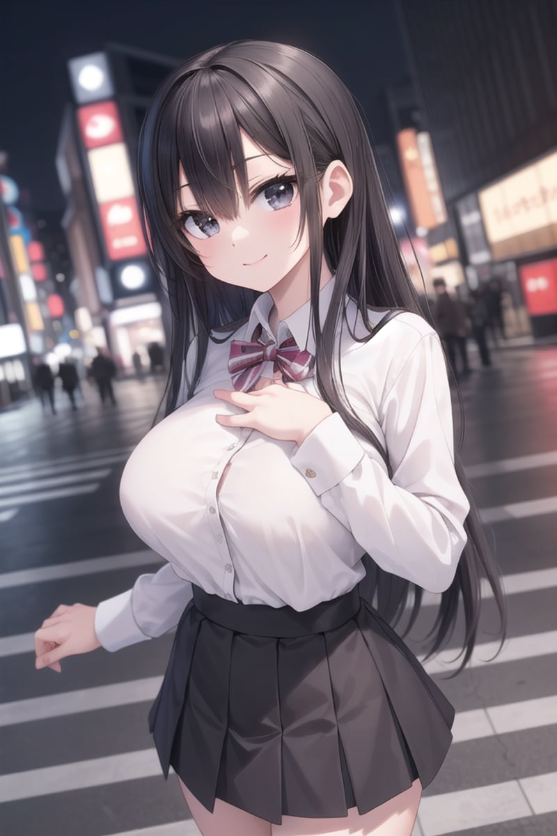 insanely detailed, absurdres, ultra-highres, ultra-detailed, best quality,1girl, solo, nice hands, perfect hands,BREAK(wearing winter school uniform),happy smile, laugh, closed mouth,standing, 45 angle, (cowboy shot:1.3), looking at viewer,BREAKslender, kawaii, perfect symmetrical face, ultra cute girl, ultra cute face, ultra detailed eyes, ultra detailed hair, ultra cute, ultra beautiful,by Canon EOS, SIGMA Art Lens 35mm F1.4, ISO 200 Shutter Speed 2000,BREAK(night, dark background:1.3), cityscape, street, tokyo, shibuya,(very wide, panorama view, sense of depth, magnificent view:1.3),medium large breasts,BREAKblack hair, long hair,black eyes, hair between eyes