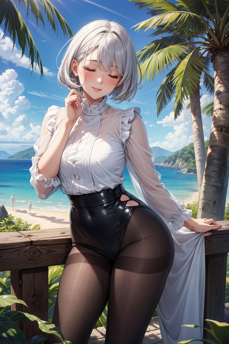 mature female,Standing with one foot on a raised surface, partner standing behind.,Face with a gentle smile and closed eyes,Her fingers moved with purpose, seeking out her most sensitive spots.,wears a chin-length, blunt cut, icy silver bob.,Sheer pantyhose in a creamy ivory shade,A lush, tropical island with dense vegetation, colorful birds flitting through the trees, and the distant sound of the ocean, 8k,best quality,masterpiece,rule of thirds,superb,high resolution,sharp focus,extremely detailed description,professional,gorgeous and intricate details,