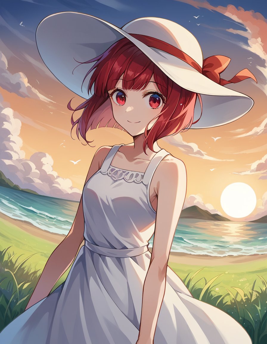 score_9, score_8_up, score_7_up, source_anime,kanaarima, <lora:kanna-arima-ponyxl-lora-nochekaiser:1>,kana arima, short hair, bangs, red eyes, red hair, bob cut, sun, smile,hat, dress, ribbon, sleeveless, white dress, sleeveless dress, white headwear, sun hat, sundress,outdoors, wind, ocean, grass, clouds, sun,looking at viewer, cowboy shot, dutch angle,