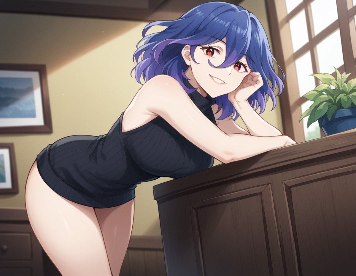 score_9, score_8_up, score_7_up, source_anime,vermeil, <lora:vermeil-s1-ponyxl-lora-nochekaiser:1>,vermeil, red eyes, hair between eyes, blue hair, purple hair, multicolored hair, medium hair,sweater, bare shoulders, sleeveless, turtleneck, black sweater, thighs,indoors, bent over, smile,looking at viewer, cowboy shot, solo, dutch angle,