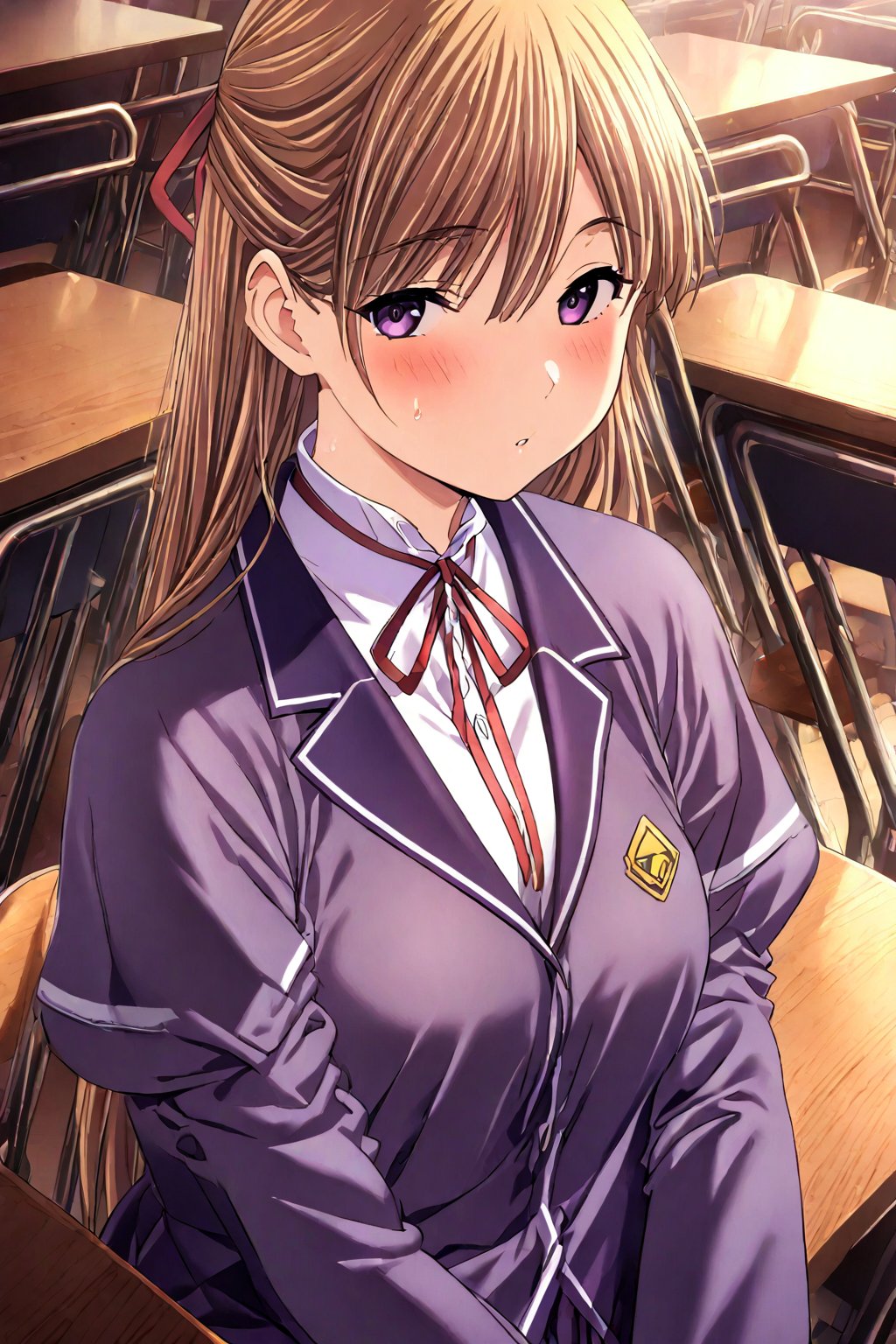 1girl, solo, s_mm, kanzaki asuka, medorei \(game\), school uniform1, purple blazer, masterpiece, best quality, red ribbon, very aesthetic, blonde hair, purplr eyes, classroom,  <lora:kanzaki asuka 605 2:1>