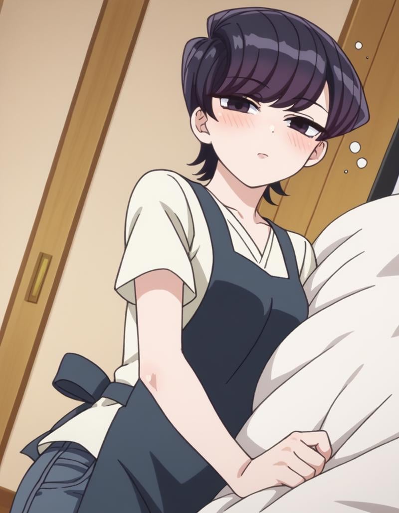 score_9, score_8_up, score_7_up, source_anime,shuukokomi, <lora:shuuko-komi-s1s2-ponyxl-lora-nochekaiser:1>,shuuko komi, short hair, black hair, black eyes, half-closed eyes,shirt, white shirt, short sleeves, pants, apron, denim, jeans, blue apron,indoors, bed, bed room, on side, blush, drunk,looking at viewer, cowboy shot, dutch angle, solo,