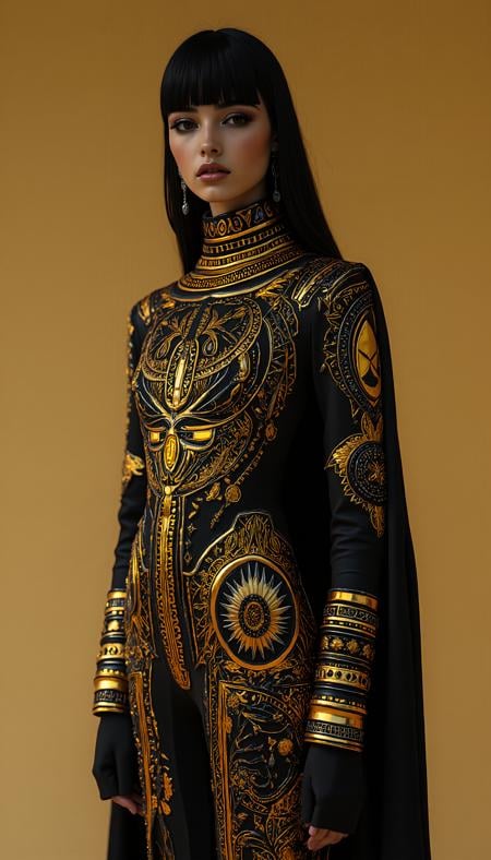 A stunning fashion model dressed in a futuristic reinterpretation of ancient Egyptian clothing, blending sleek, metallic fabrics with intricate golden patterns reminiscent of pharaoh royalty. The model strikes a confident pose, with the outfit featuring a sharp, modern silhouette while maintaining the elegance and mystique of ancient Egypt. The use of glowing accents and ethereal details adds a futuristic flair, while the minimalist backdrop allows the intricate design and craftsmanship to shine. The overall look is both regal and innovative, seamlessly blending history with contemporary fashion, midjourney_whisper_avant_couture, <lora:midjourney_whisper_avant_couture_v01:1>,