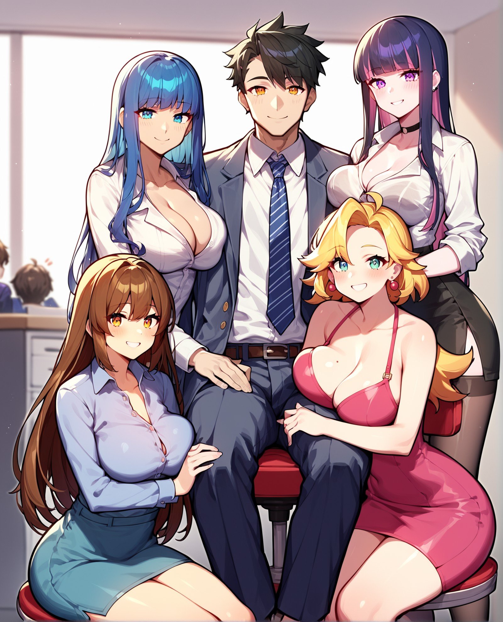 score_9, score_8_up, score_7_up, source_anime, BREAK 4girls, 1boy, boss and secretary, office ladies, faceless male, breasts, breast press, harem, sitting, stocking, looking at viewer, blush, smile, pimp, <lora:Harem_King_Pose:1>, rating_questionable 