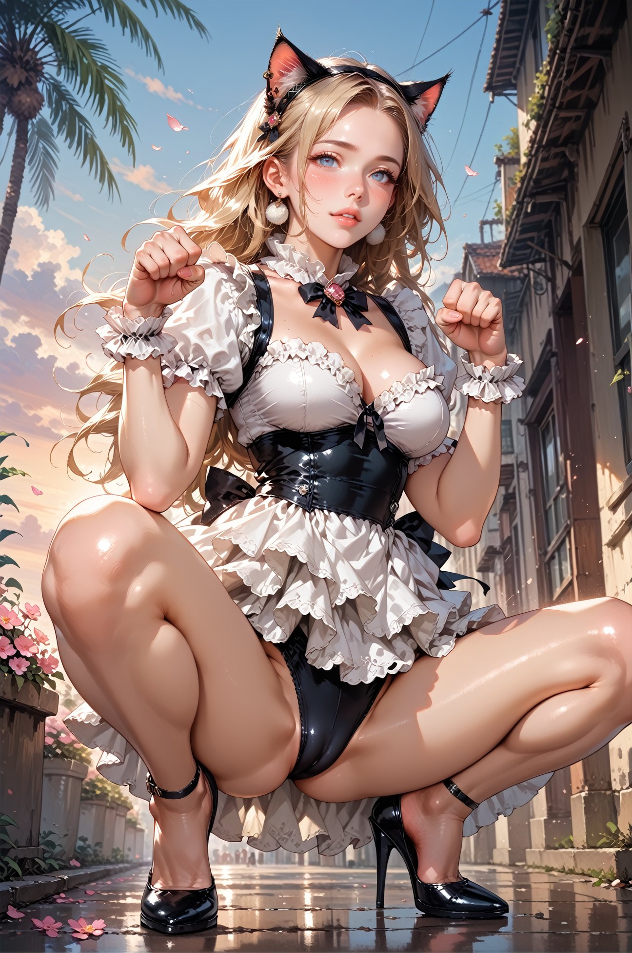 score_9, score_8_up, score_7_up, score_6_up, 1girl, shiny, from below, (solo), long hair, louboutin stilettos, squatting, spread legs, blonde hair, large breasts, cameltoe, erotic, sexy, by an ocean, paw pose with both hands, catgirl, cat ears, flowers, sunset, delicate and smooth skin, blush, perfect body, thighs, glossy lips, dutch angle, perfect quality, high quality, photorealistic, dynamic pose, ruffle frill dress, LApromiseXL, <lora:LApromiseXL:0.7>, shiny earrings,<lora:hand 4:0.3> , <lora:Fant5yP0ny:0.6> <lora:Expressive_H:0.4> Expressiveh