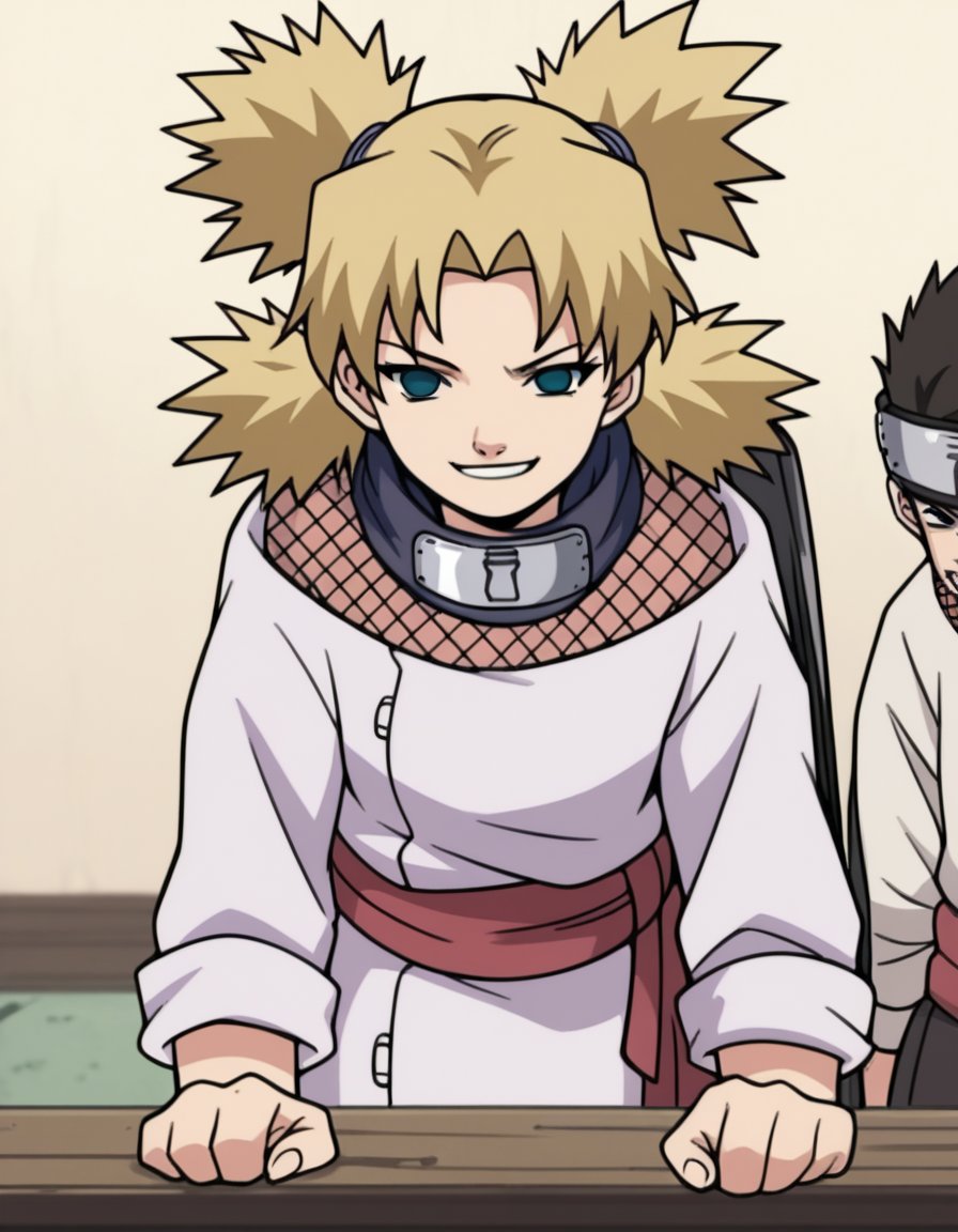 score_9, score_8_up, score_7_up, source_anime, <lora:temari-s1-ponyxl-lora-nochekaiser:1>, temari, bangs, blonde hair, quad tails, blue eyes,, long sleeves, fishnets, sleeves rolled up, forehead protector, sleeves pushed up, sleeves past elbows, sash, dress, purple dress,, indoors, bent over, smile, smug, looking at viewer, solo,, cowboy shot, dutch angle