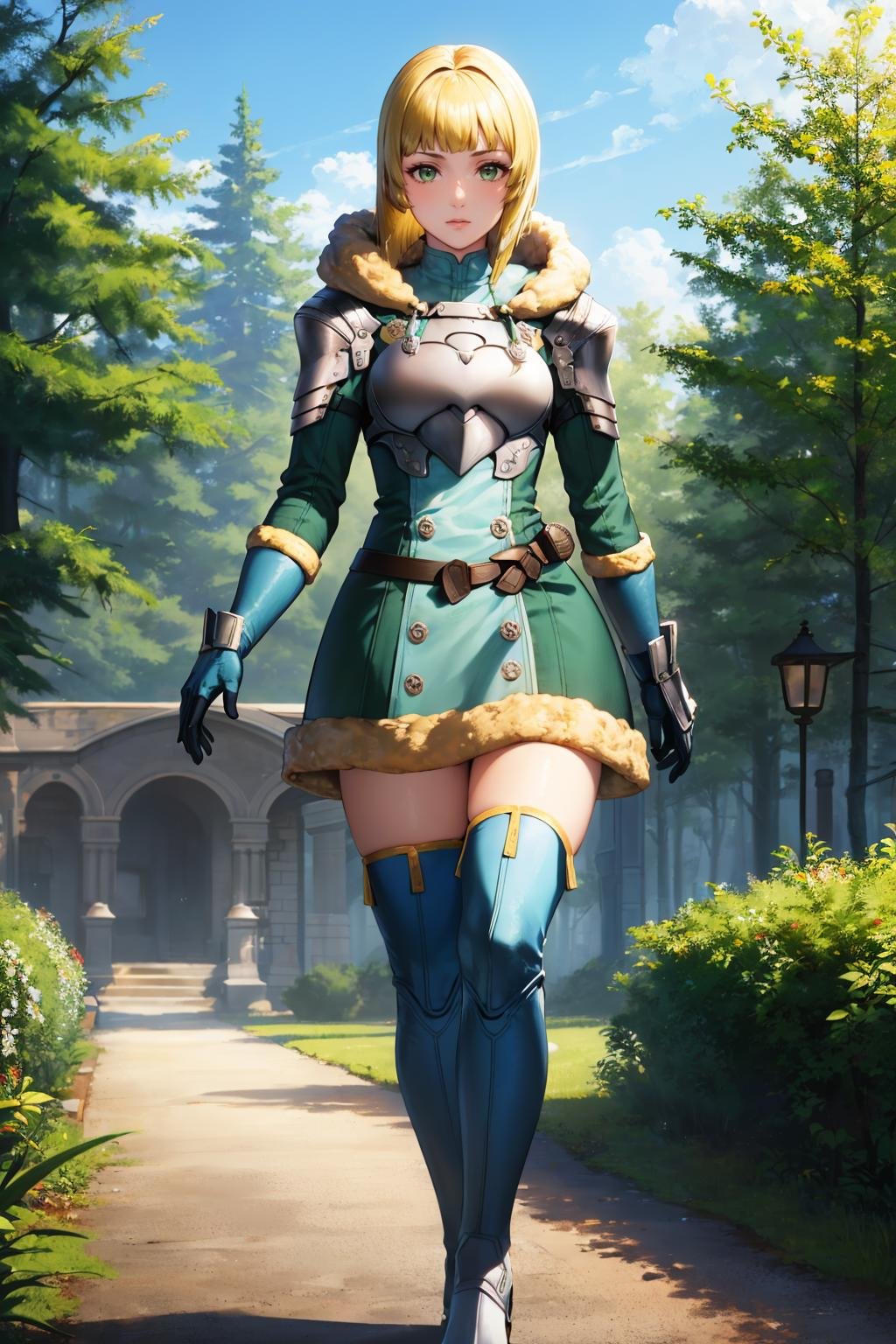 masterpiece, best quality,  <lora:ingrid-nvwls-v2-000009:0.9> hopesingrid, medium hair, bob cut, bangs, shoulder armor, breastplate, green coat, fur trim, gauntlets, blue gloves, belt, green boots, whole body, looking at viewer, walking, forest, sky