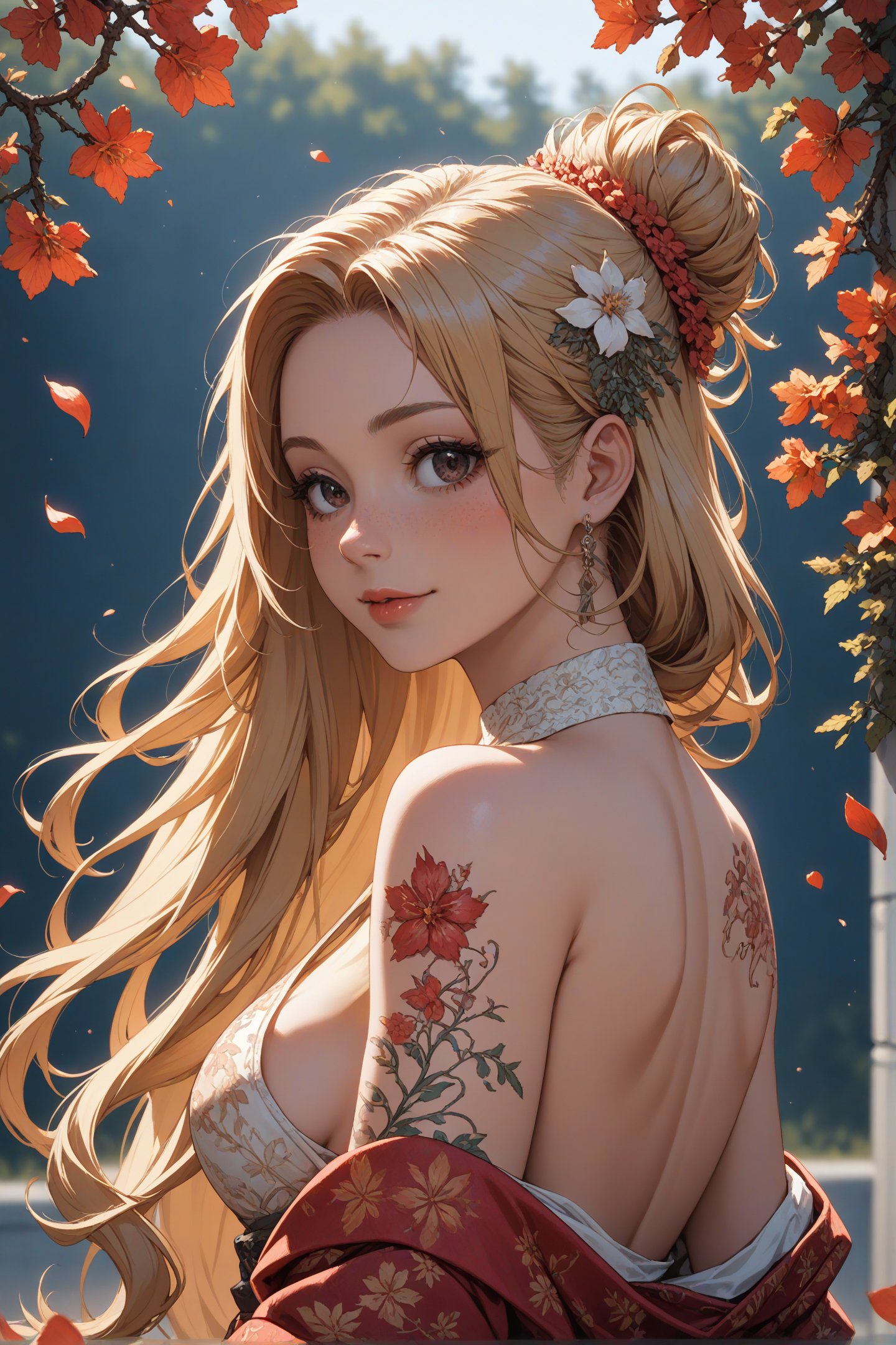 score_9, score_8_up, score_7_up, 1girl, floral kimono, exposed shoulders, from side, beautiful face, thick eyelashes, glossy eyes, blonde hair long hair, cute smile, dark eyeshadow, shoulders tattoos, back tattoos, floral decoration in hair, sakura petals, beautifully backlit, wideshot, tsukuyomi  <lora:sdxl\Concept Art Ultimatum Style LoRA_Pony XL v6:0.8>