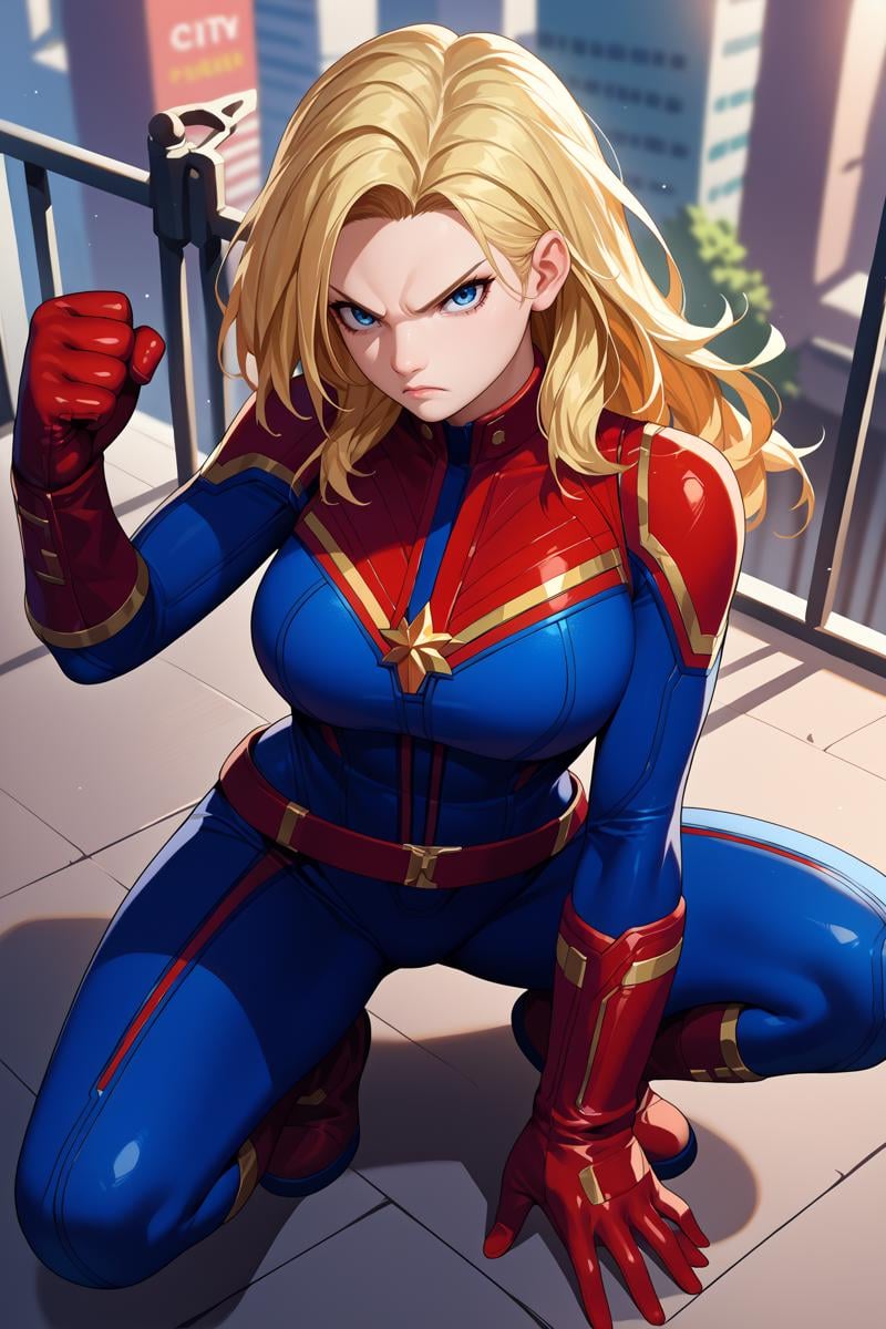 score_9, score_8_up, score_7_up, score_6_up, source_anime, 1girl, solo, <lora:cptmarvel-pdxl-nvwls-v1-000006:1> cptmvl, blonde hair, long hair, blue eyes, large breasts, red and blue bodysuit, red gloves, belt, crouching, clenched hand, serious, from above, looking at you, city