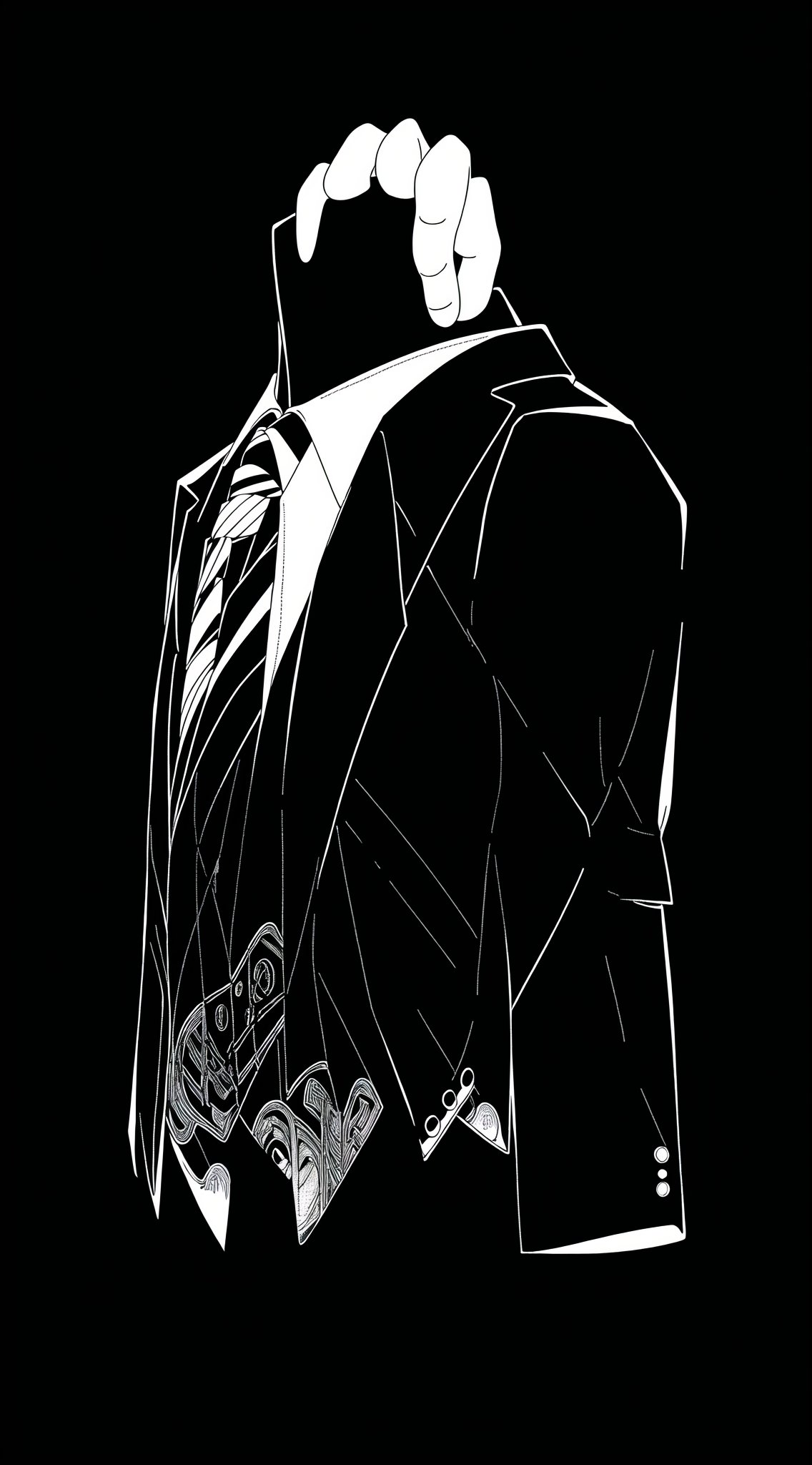 mty,black background, formal, greyscale, letterboxed, male focus, monochrome, necktie, shirt, solo, striped, suit, transparent background, black background, food, transparent background