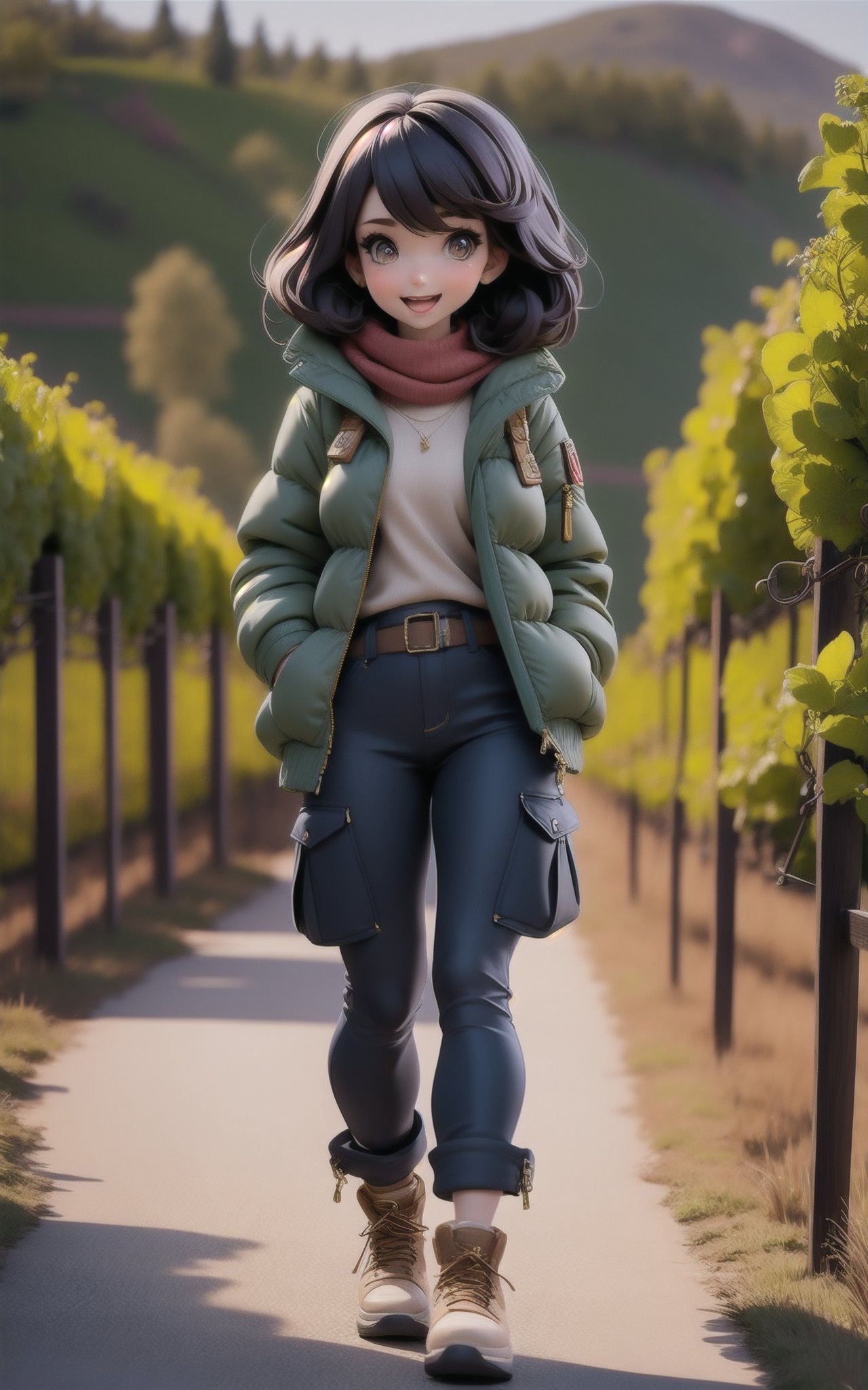 1girl,Medium Length Choppy Layers Hairstyle,A modern winery, with sprawling vineyards and a stylish tasting room,Quilted jacket and cargo pants,Curious facial expression,dynamic attitude,