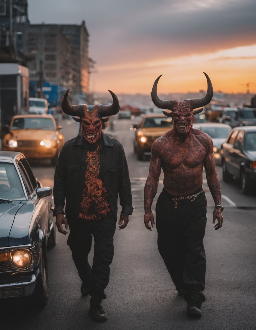 A cinematic dslr Insanely realistic and detailed digital photo of 3 epic terrifying demons coming from hell, horns and devilish smiles,having fun in New York, epic composition, high contrast 35mm photograph, film, bokeh, professional, 4k, highly detailed, fujifilm,canon,dlsr, colorful, overcast sky, sunset, highly detailed, 8K ultra detailed photo <lora:add-detail-xl:2.9>