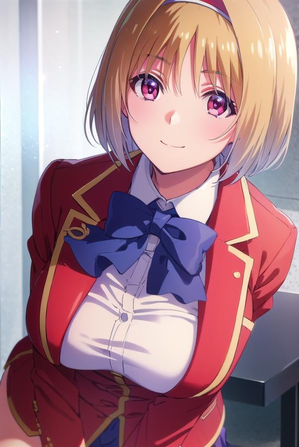 kikyoukushida, <lora:kikyou kushida s2-lora-nochekaiser:1>,kikyou kushida, short hair, blonde hair, (red eyes:1.3), hairband, hair intakes, smile,BREAK shirt, long sleeves, bow, school uniform, jacket, white shirt, bowtie, blue bow, blazer, (red blazer:1.5),BREAK indoors, classroom,BREAK looking at viewer, (cowboy shot:1.5),BREAK <lyco:GoodHands-beta2:1>, (masterpiece:1.2), best quality, high resolution, unity 8k wallpaper, (illustration:0.8), (beautiful detailed eyes:1.6), extremely detailed face, perfect lighting, extremely detailed CG, (perfect hands, perfect anatomy),