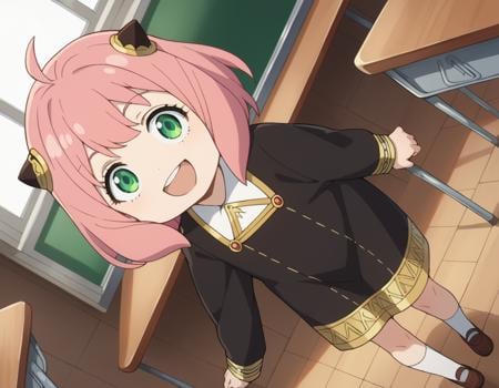 score_9, score_8_up, score_7_up, source_anime,anyaforger, <lora:anya-forger-ponyxl-lora-nochekaiser:1>,anya forger, anya forger, bangs, green eyes, pink hair, ahoge, hair ornament, hairpods, child, female child, smile,long sleeves, dress, school uniform, socks, black dress, eden academy school uniform,indoors, classroom, bent over, open mouth,looking at viewer, cowboy shot, dutch angle,