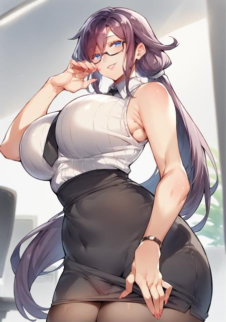 score_9, score_8_up, 1girl, purple hair, (large breasts:1.2),  blue eyes,   ribbed shirt, sleeveless shirt,   bare shoulders, black necktie,  white blouse, office lady,  smile, lipgloss, glasses, , <lora:Pokoten-Style-PonyXL-000046:1>,  very long hair,  low ponytail, stiletto heels, standing fullbody, mole below eye