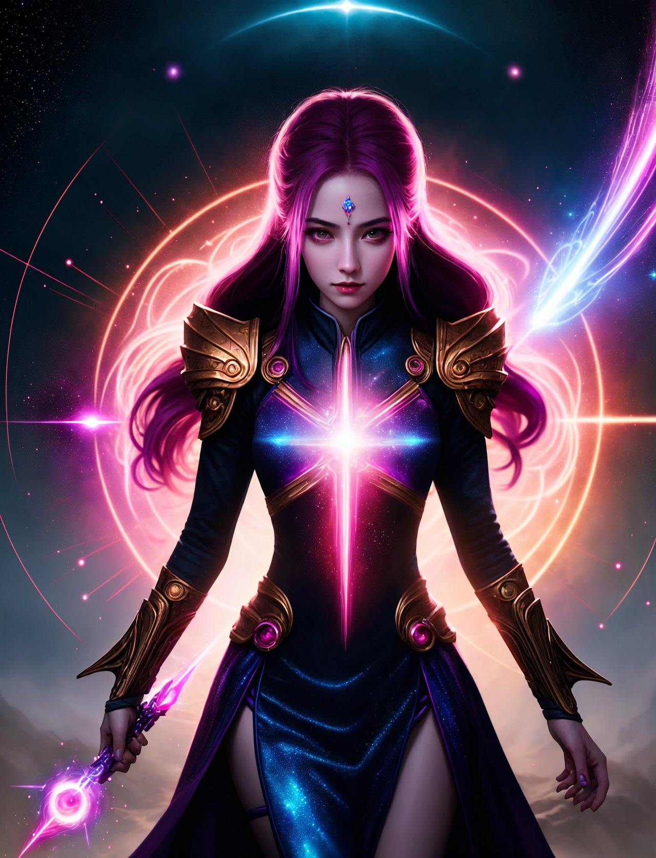 hyper detailed masterpiece, dynamic realistic digital art, awesome quality, person, female enchanter  Wielding jinx shaped like Twinkle of alizarin crimson fluidic psionic and control over quantum particles and reality, DonMM4g1c  <lora:DonMM4g1c-v1.2rb2:0.8>