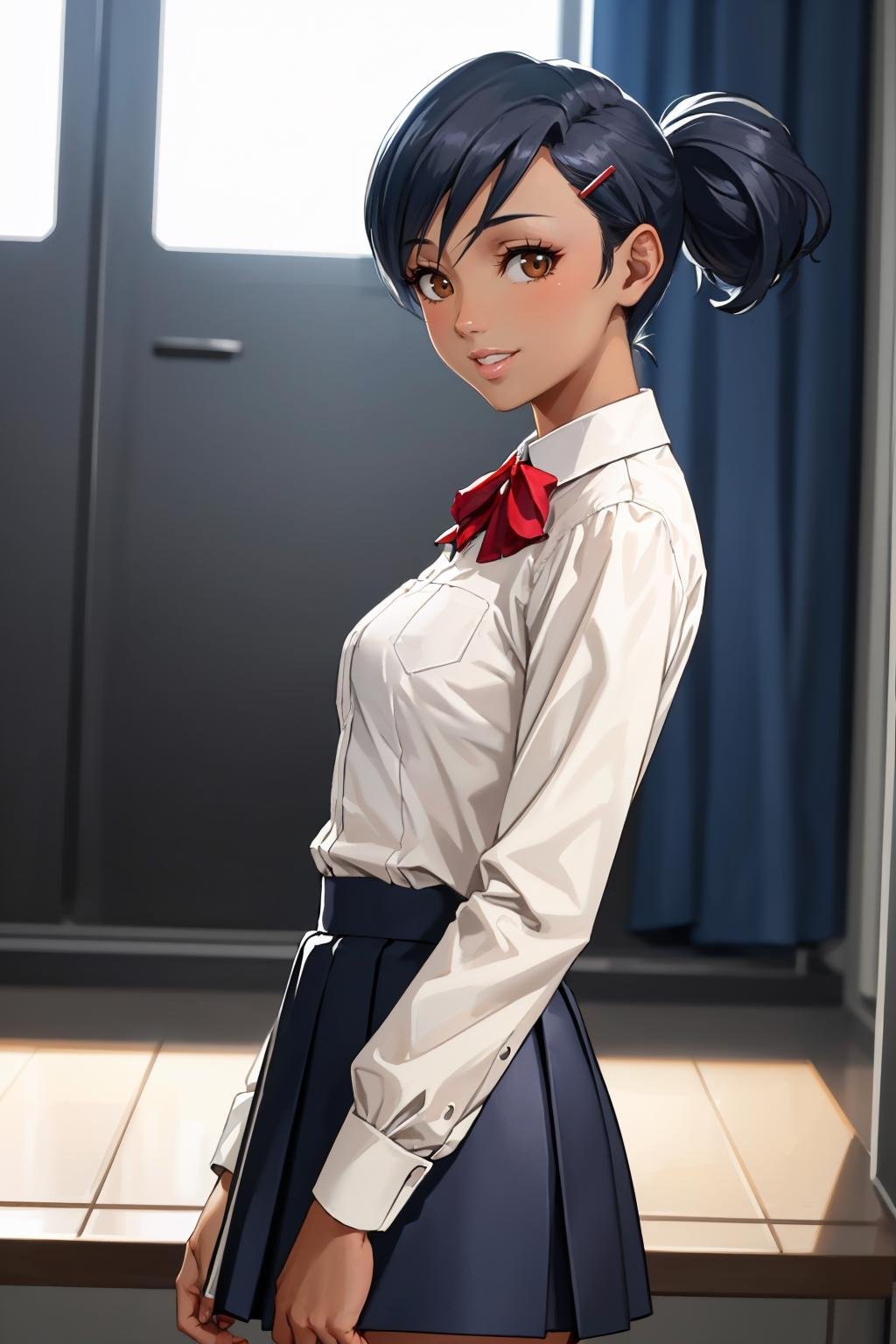 masterpiece, best quality, upper body, cowboy shot, smile <lora:zs_Yuko:1> yukop3, short hair, hairclip, dark skin, brown eyes, black hair, gekkoukan high school uniform, skirt, socks, shoes