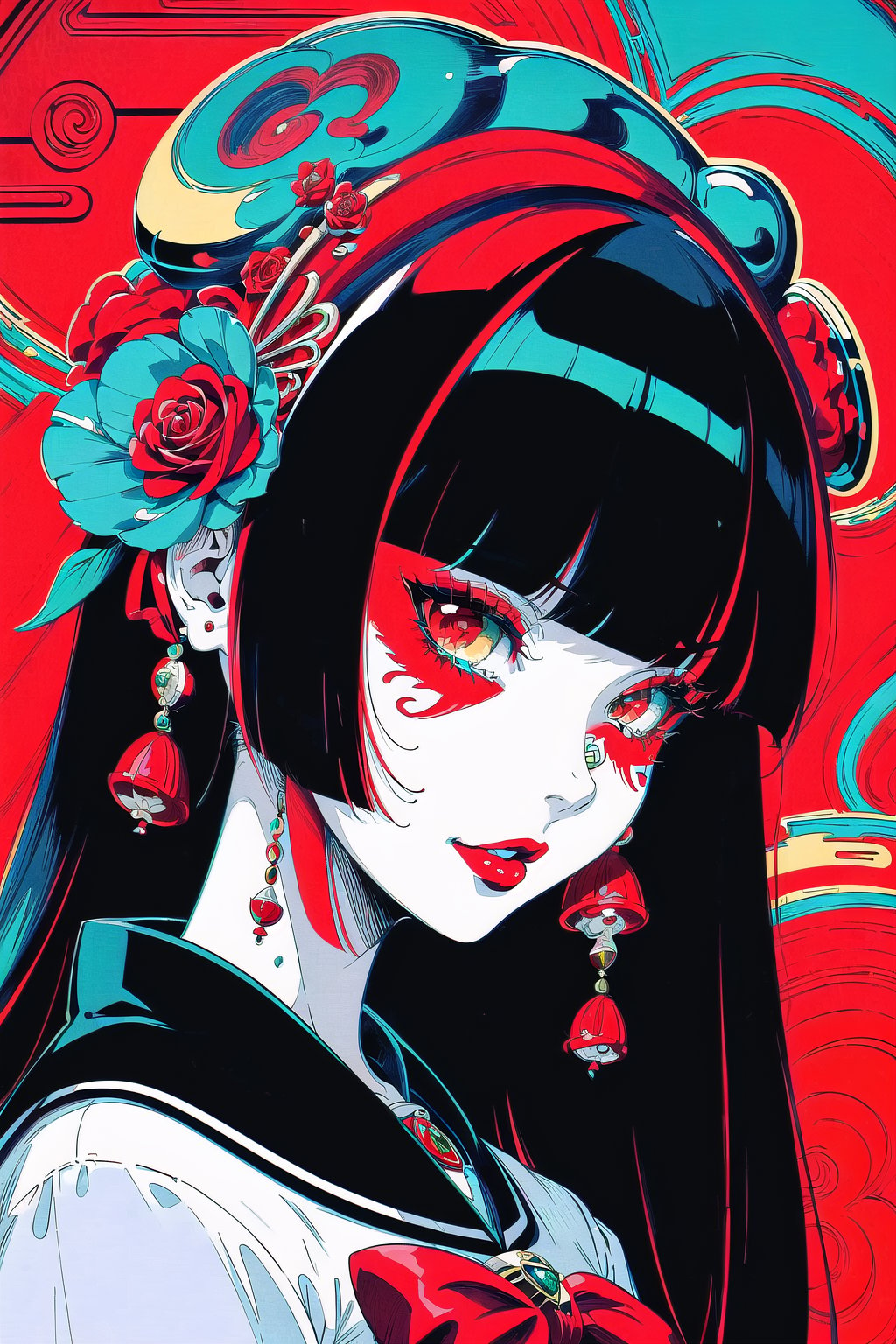 (Masterpiece), (highres), 8k, manga, digital illustration, 2d, retro artstyle, monochrome, partially colored,(ultra-detailed portrait of a woman,solo, shaded face, red rose, red theme, confident, jewelry, colorful, frill trim, extremely detailed, detailed face, lipstick, straight hair, bangs,stylish, expressive, blush, looking to the side, head tilt, cowboy shot, fully clothed, (8k resolution),post00d,Hajime_Saitou,,quju,Oiran,sugar_rune,sweetscape,hirom1tsu<lora:EMS-269853-EMS:0.000000>, <lora:EMS-352161-EMS:1.300000>, <lora:EMS-91280-EMS:0.400000>