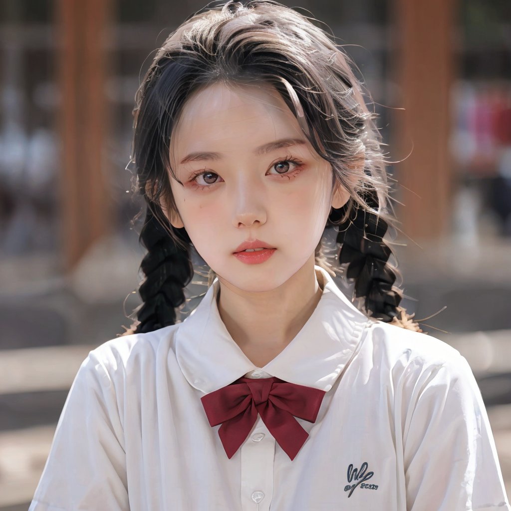 1girl,solo,twin braids,big eyes,lips,blush,white shirt,looking at viewer,<lora:清纯萝莉:0.8>,