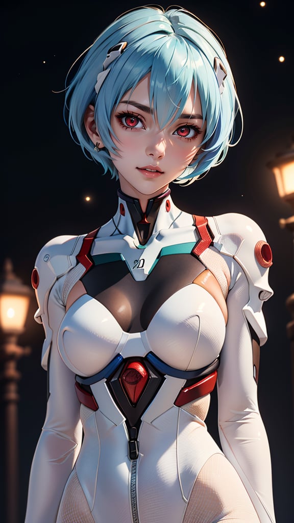 (best quality, masterpiece, colorful, highest detailed) upper body photo, fashion photography of cute (Rei Ayanami), intense-red-eyes, in high detailed textured Evangelion white plugsuit, (light smile:0.3), moonlight passing through light blue hair, (night beautiful background:1.3), (intricate details), (dynamic angle)