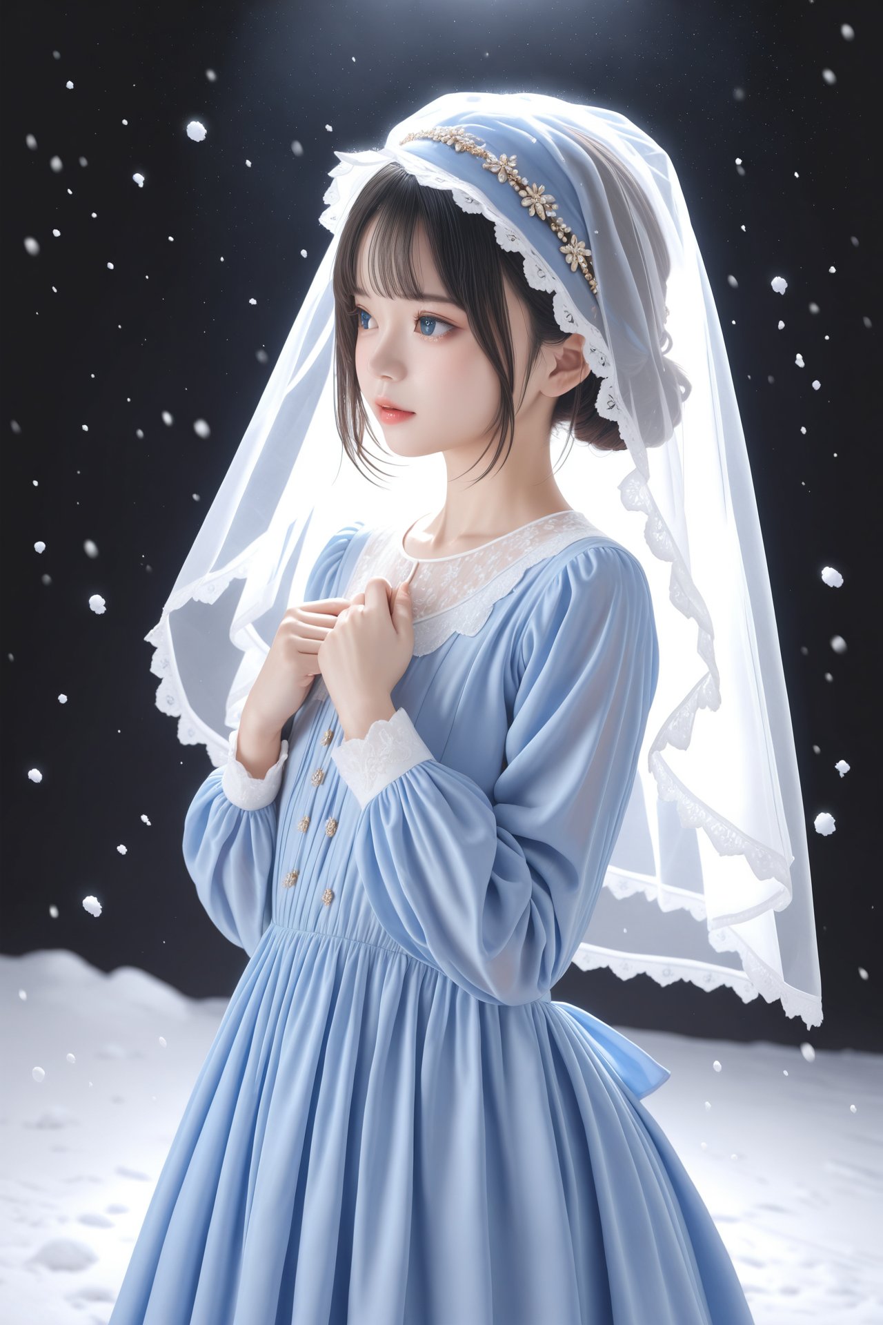 masterpiece,Realism,best quality,loli,Black background,late at night,1girl,solo,dress,veil,blue eyes,black hair,short hair,brown hair,upper body,blue dress,snow,jewelry,long sleeves,hat,snowing,